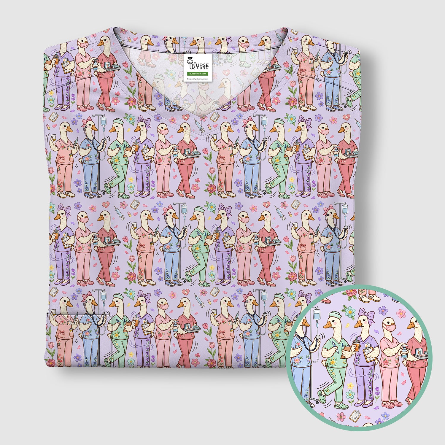 Goose Characters Floral Medical Team Uniform Pattern Scrub Top, Breathable Fabrics Nursing Uniform