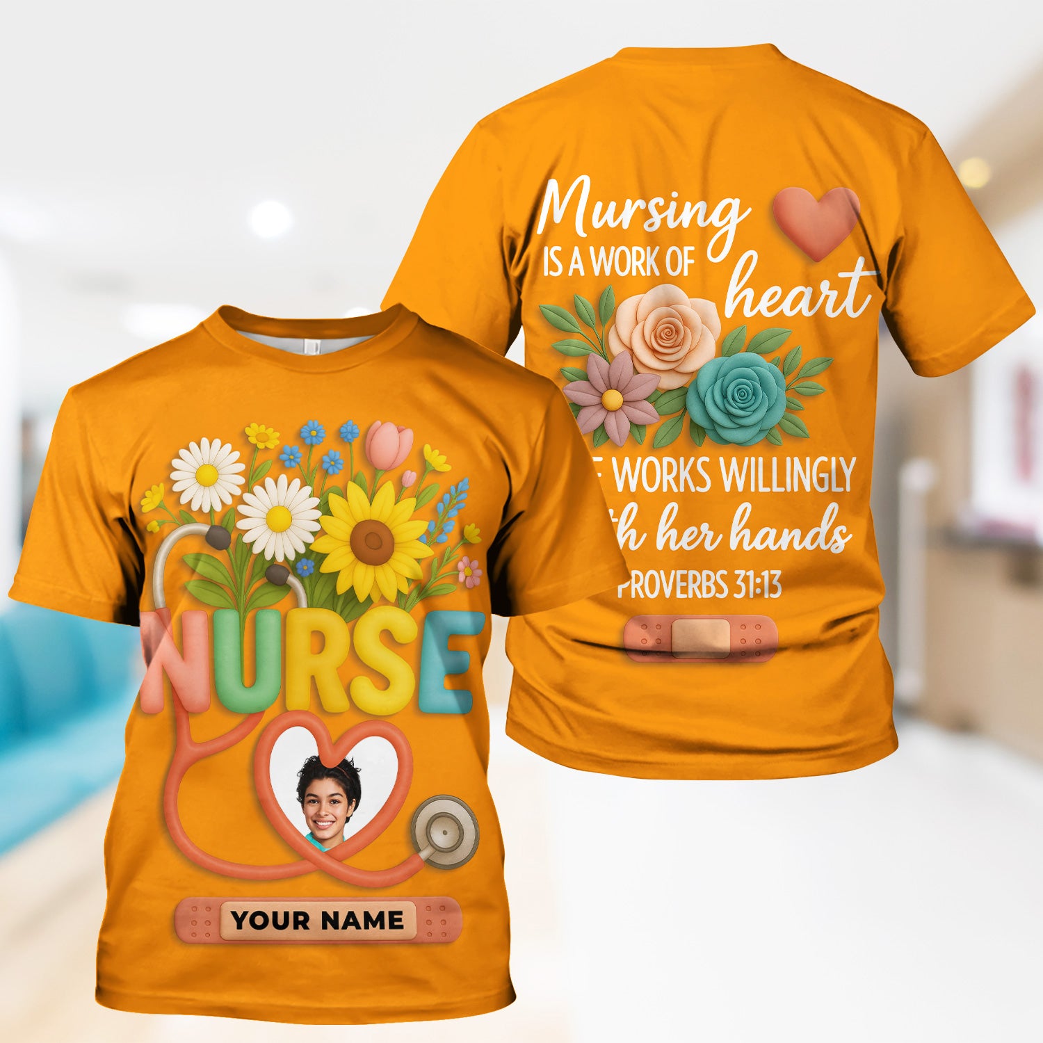 Nurse Appreciation Shirt for CNA RN LPN - Floral Heart Stethoscope Design - Custom Photo & Name Gift for Women Healthcare Workers - Multiple Shirt Colors Available