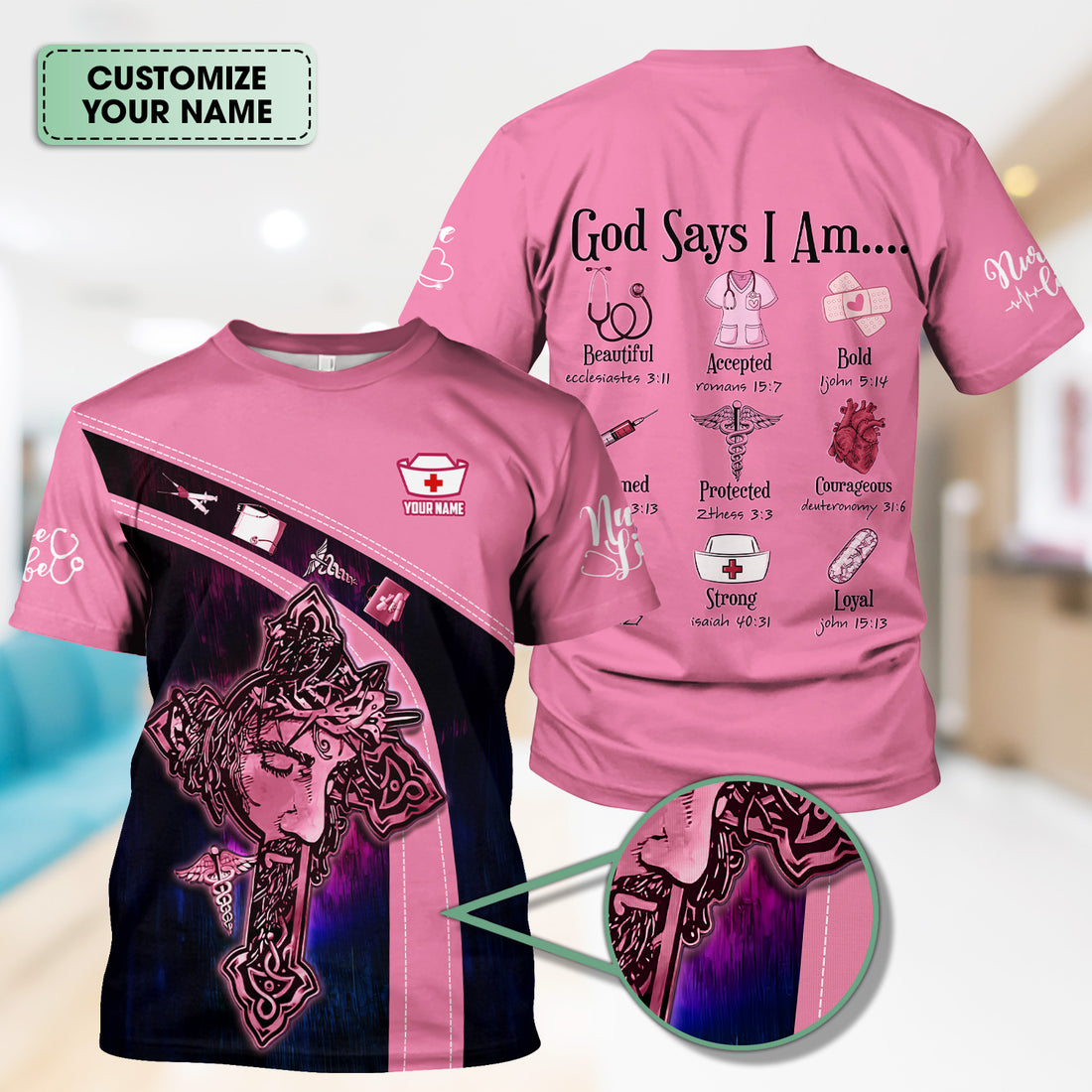 Personalized Christian Nurse T-Shirt - Jesus on the Cross Faith Graphic Tee - Gift for RN LPN CNA Healthcare Professionals