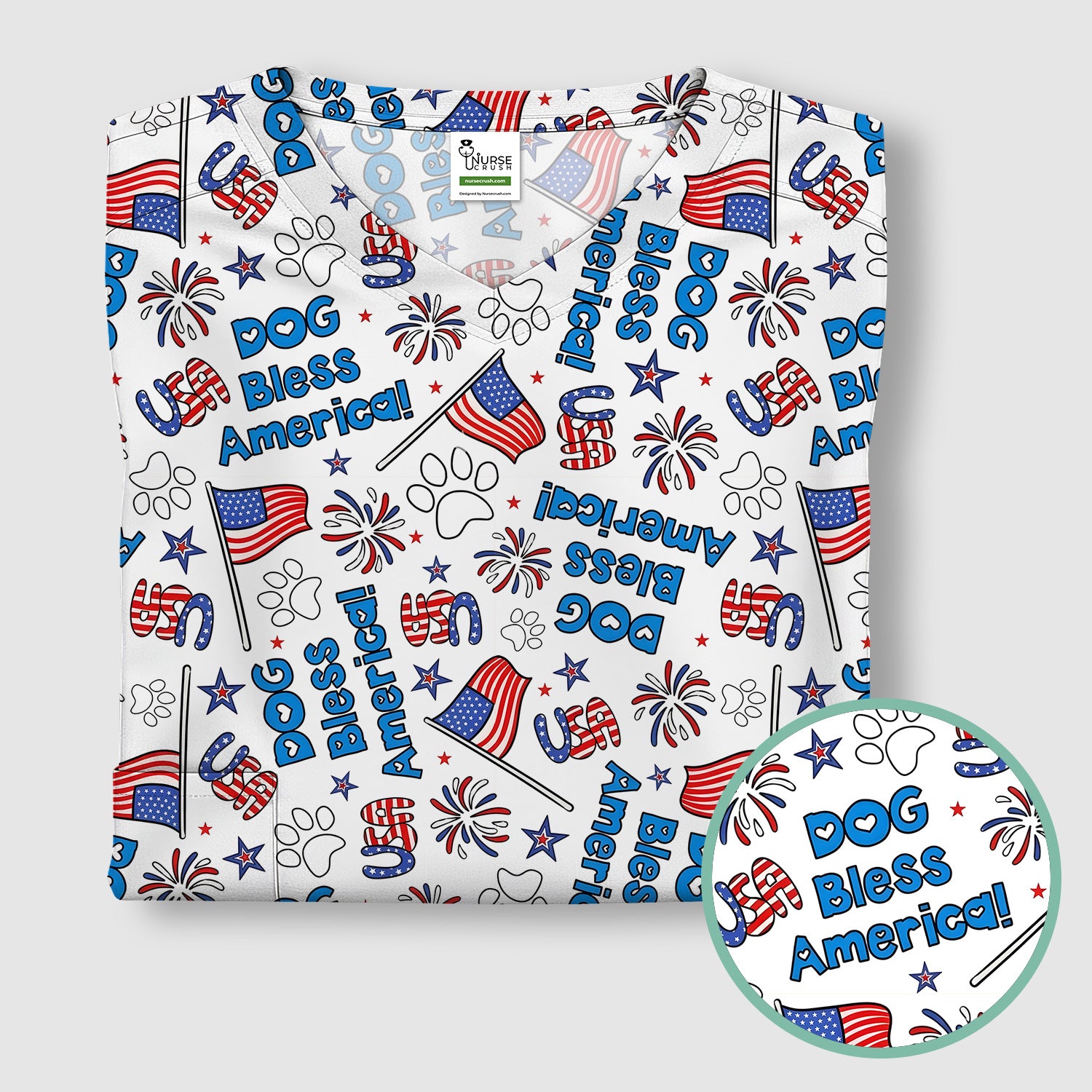 Funny Patriotic Dog Bless America Flag Pattern Scrub Top, Comfortable Scrubs for Nurses