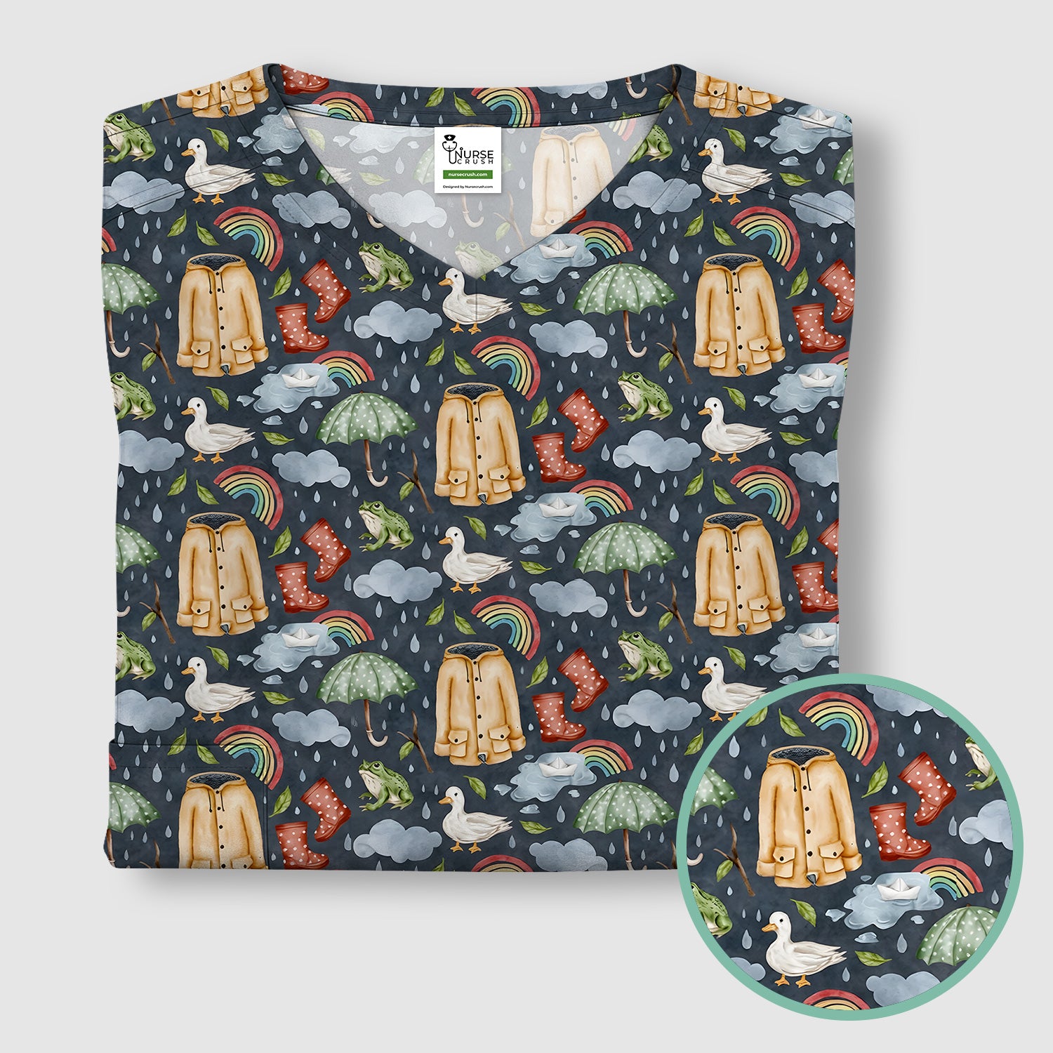 Cute Rainy Day Ducks & Frog Rainbow Pattern Scrub Top, Colorful Gothic Nurse Scrubs Uniform
