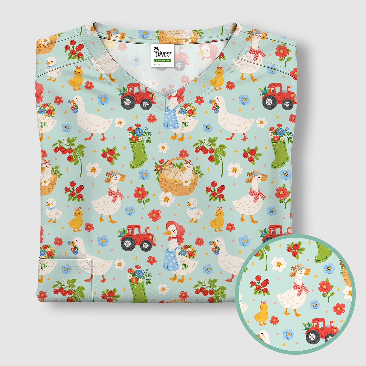Farm Duck Chicken Tractor Flower Basket Scrub Top, Breathable Fabrics Nursing Uniform