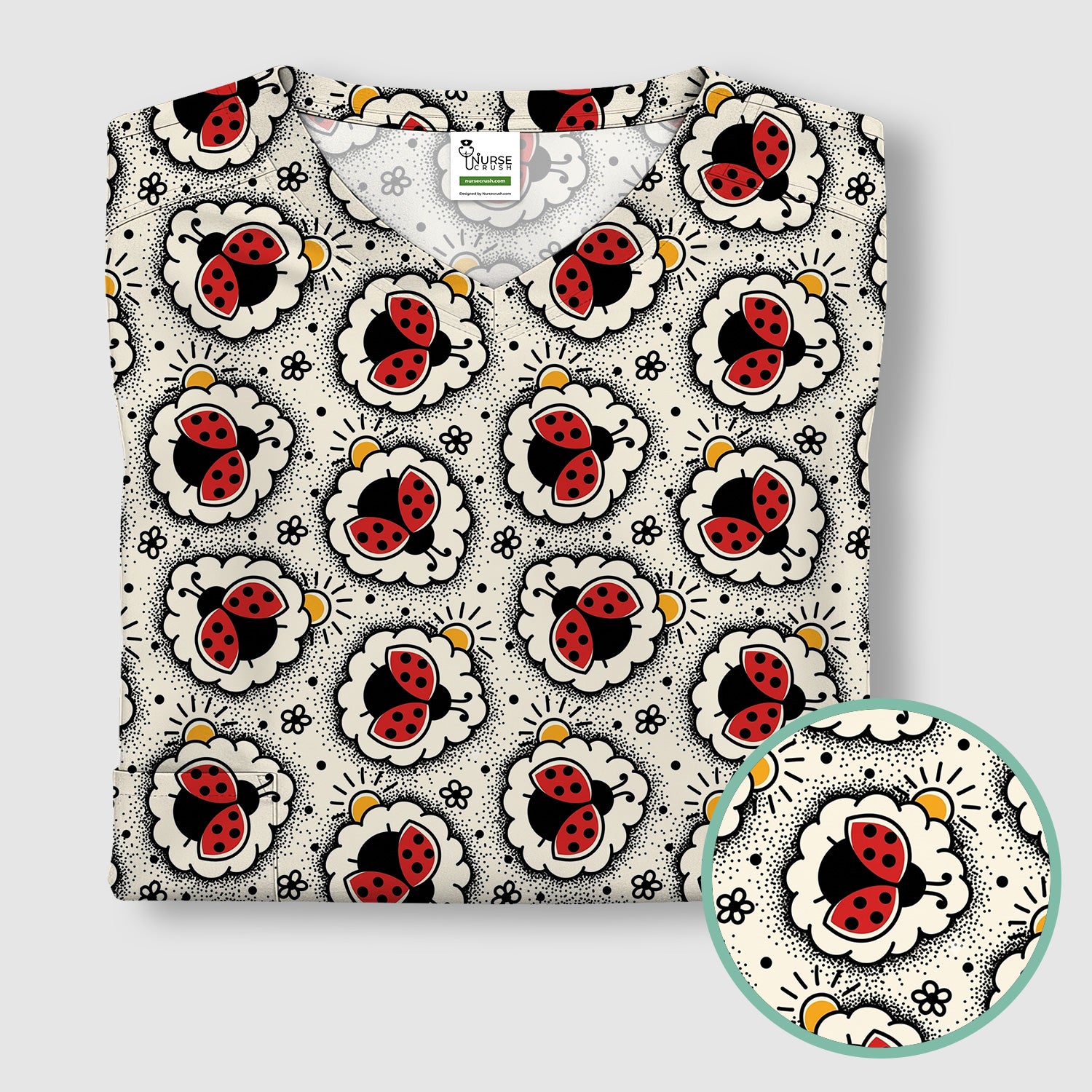Cute Ladybug in Floral Frame Pattern Scrub Top, Breathable Fabrics Nursing Uniform