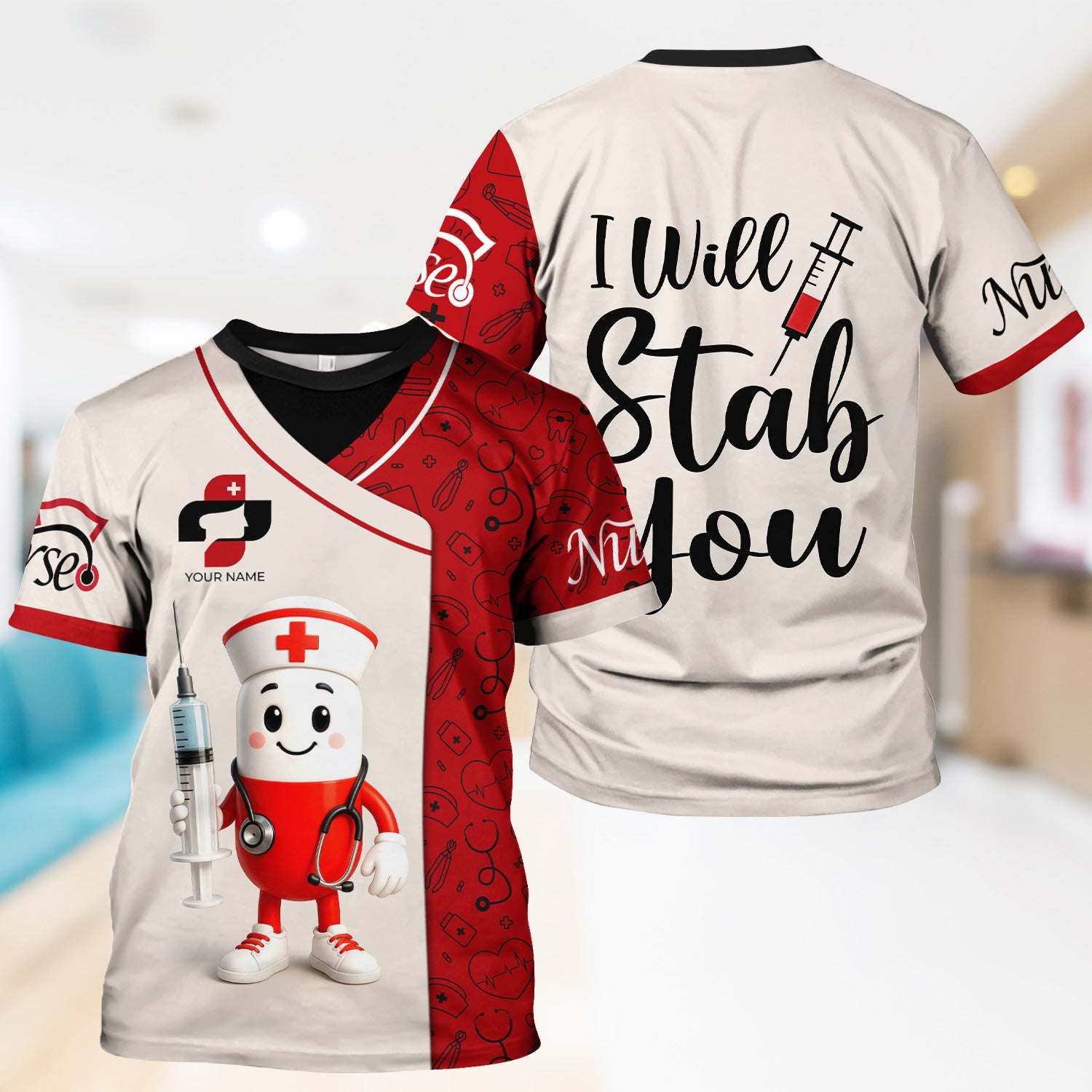 Funny Personalized Nurse Shirt - Pill Cartoon with Syringe - Custom Gift for RN CNA LPN or Nursing Student