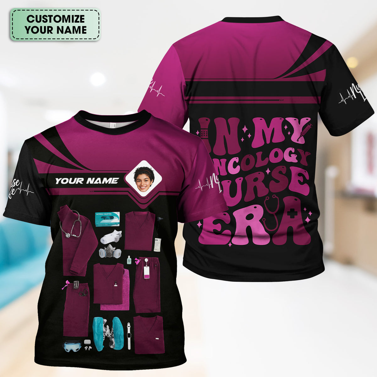 Personalized Oncology Nurse Scrub Shirt - Custom Photo & Name - In My Nurse Era Design - Gift for RN, LPN, Healthcare Worker