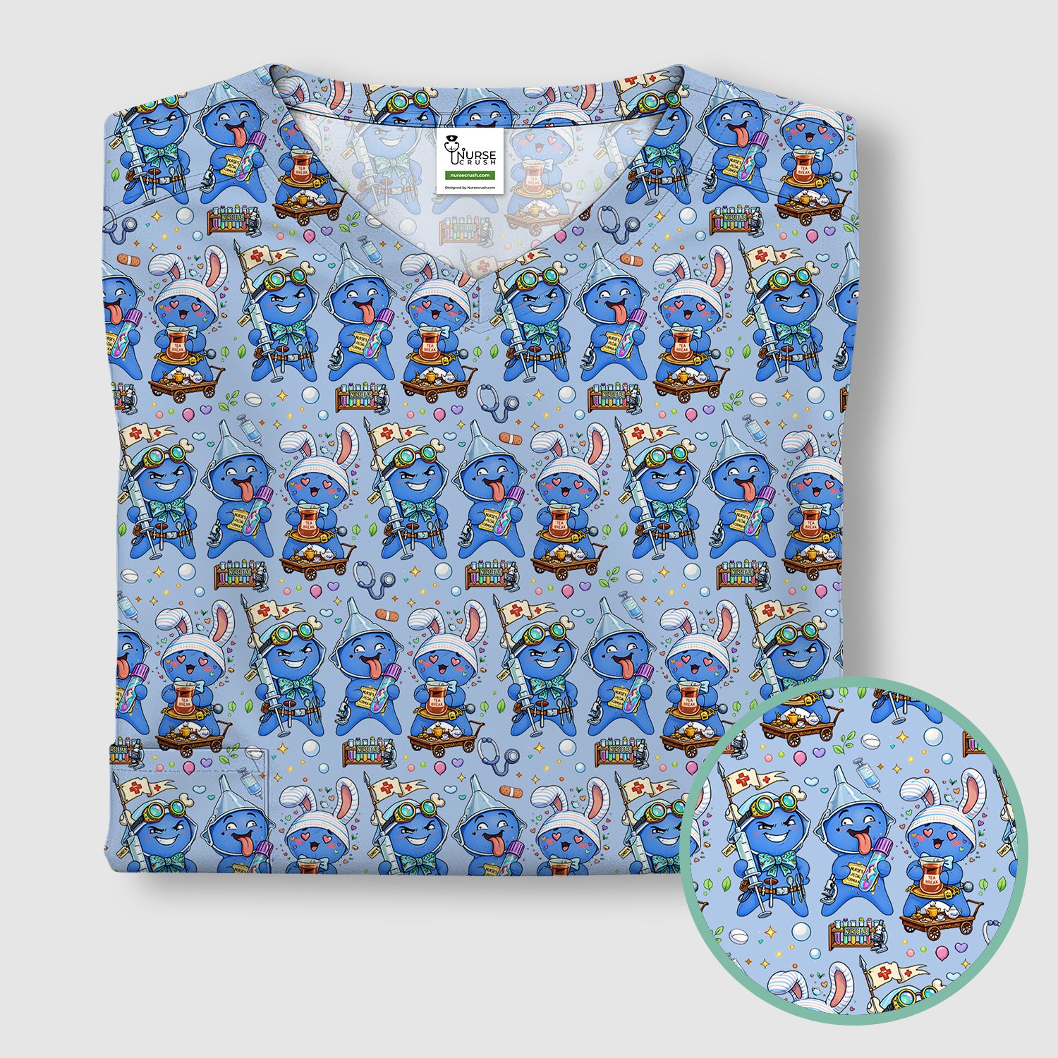 Cute Glove Doll Hospital Medical Cartoon Nurse Pattern Scrub Top, Comfortable Scrubs for Nurses