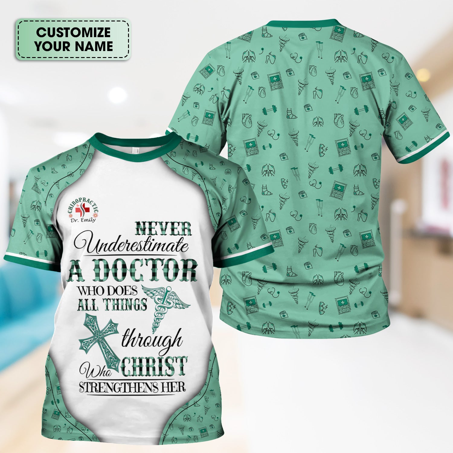 Personalized Christian Scrub Top - Never Underestimate a Doctor - Gift for Women Doctors & Medical Professionals