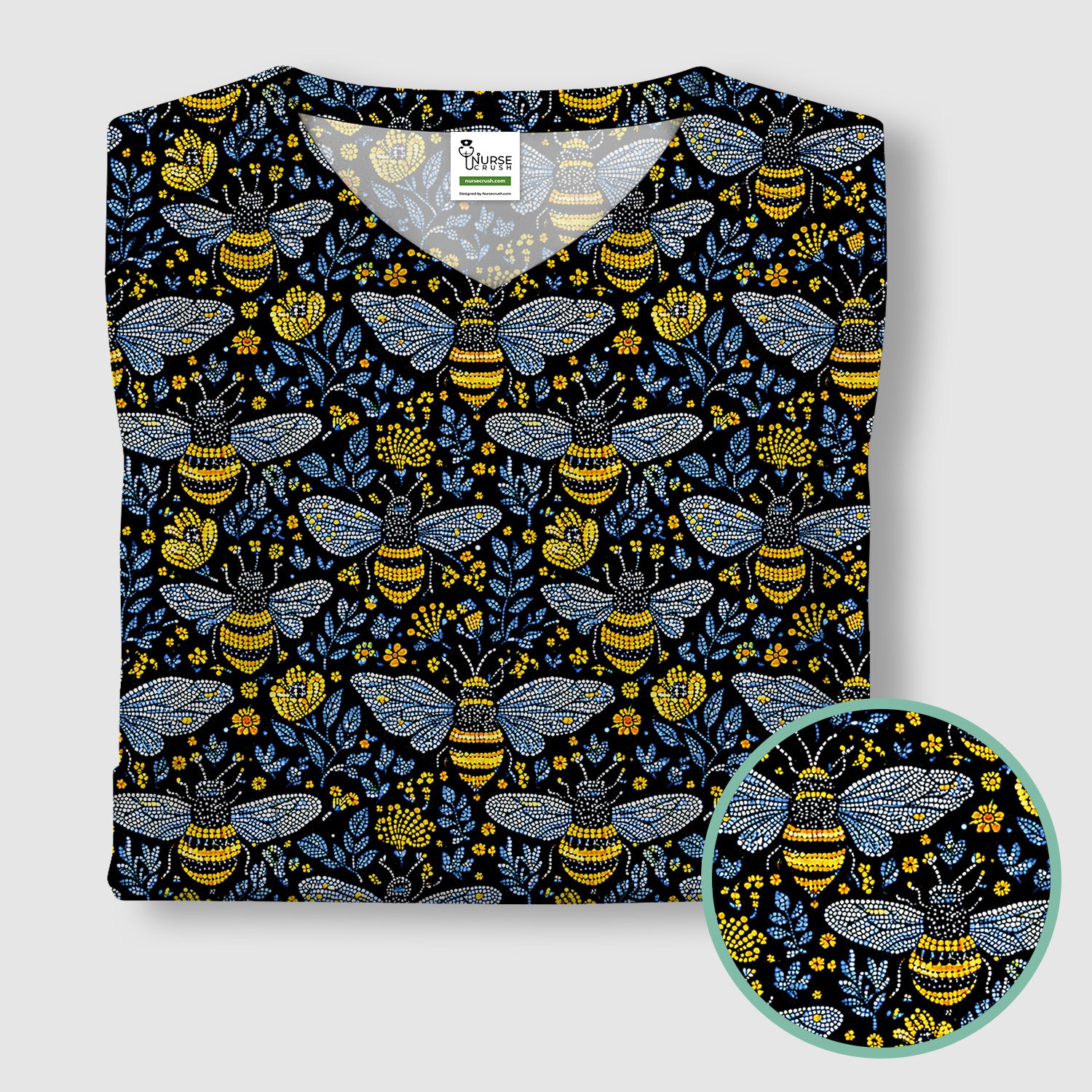 Honey Bee And Wildflower Garden Pattern Scrub Top, Comfortable Scrubs for Nurses