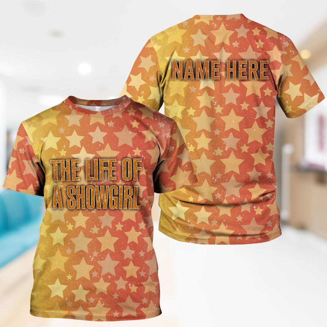 Custom Women's Showgirl Tee - All-Over Print Sparkly Star TS12 Orange Shirt  - Gift for RN LPN CNA