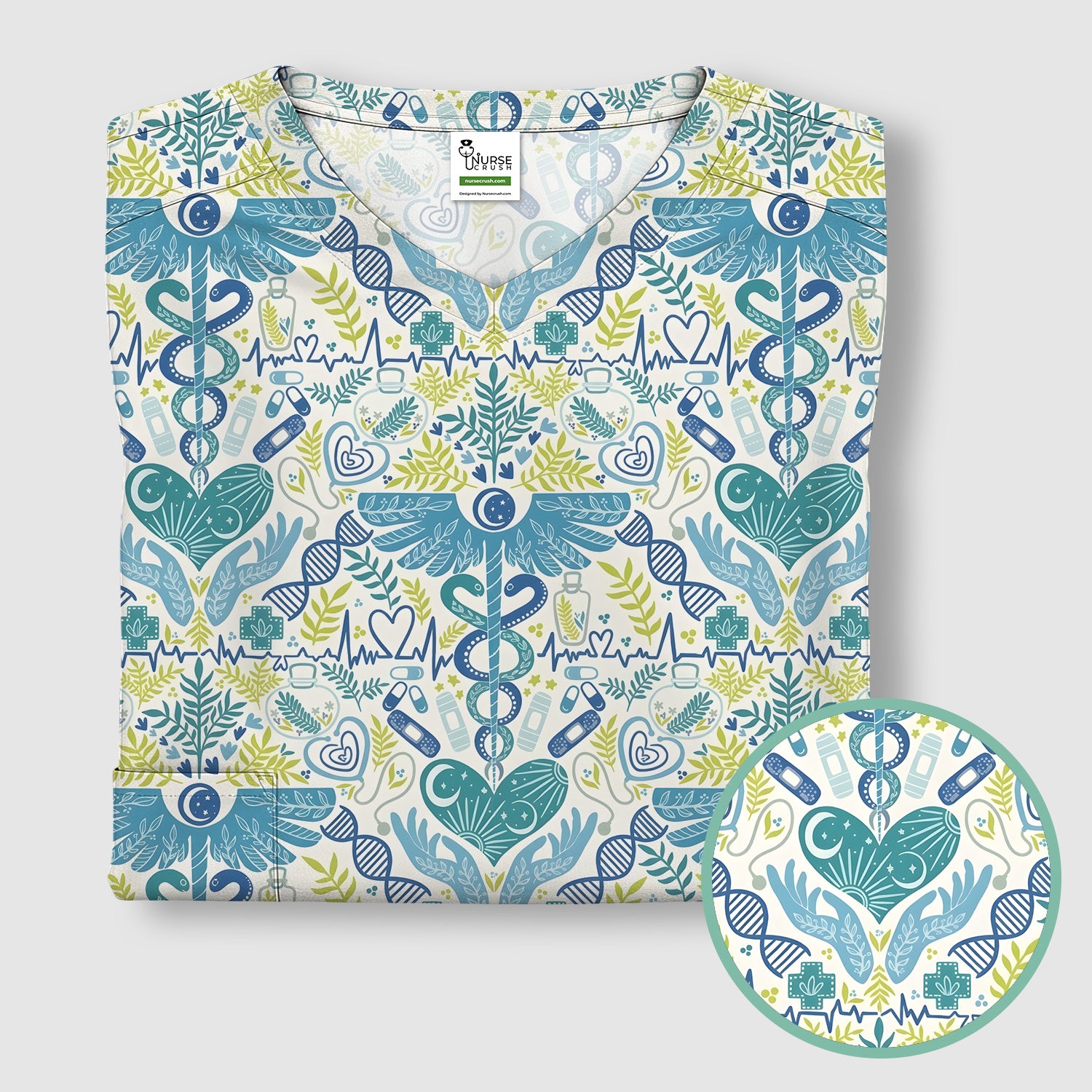 Inspirational Botanical Medical Caduceus Heart Nurse Pattern Scrub Top, Breathable Fabrics Nursing Uniform