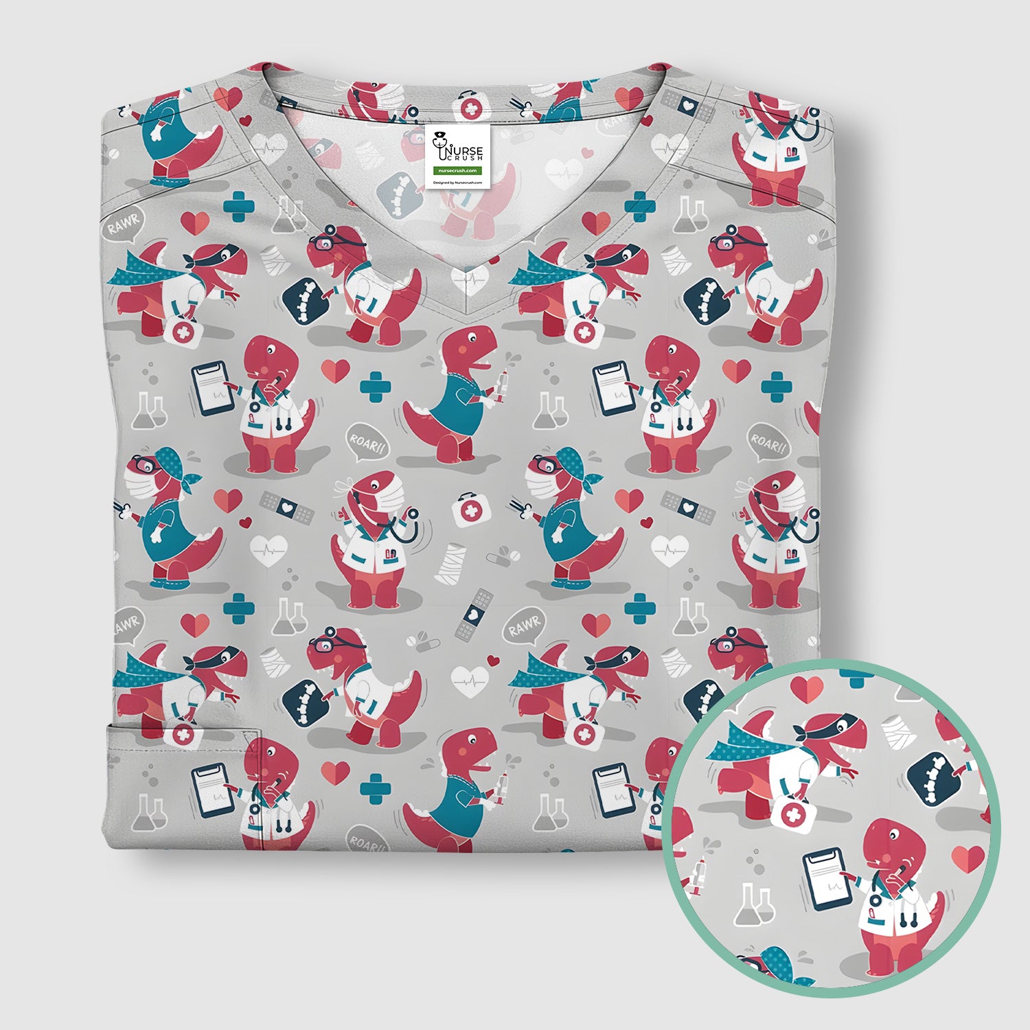 Cute Dinosaur Doctor Medical Pattern Scrub Top, Breathable Fabrics Nursing Uniform