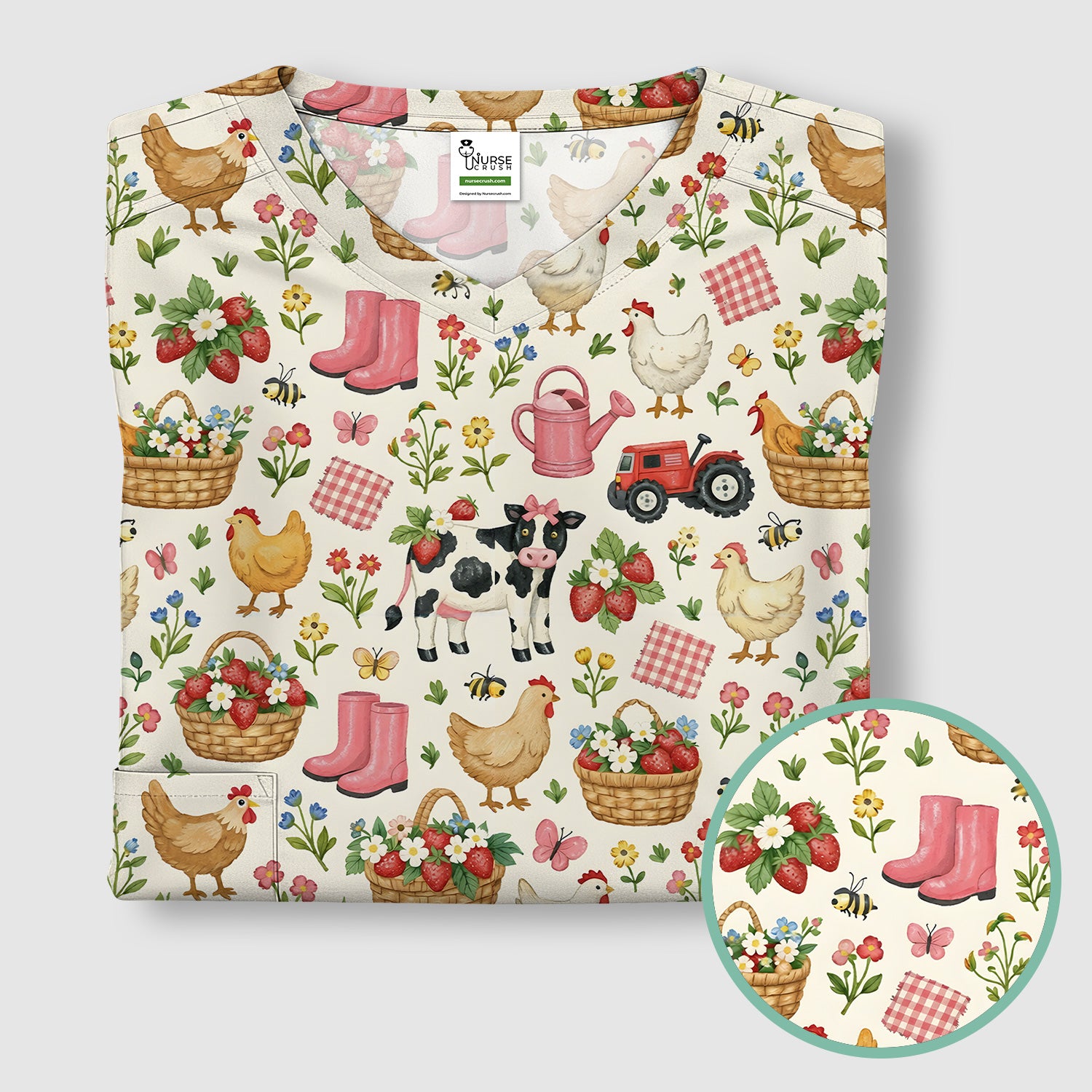 Whimsical Farm Animals Garden Pattern Scrub Top, Comfortable Scrubs for Nurses