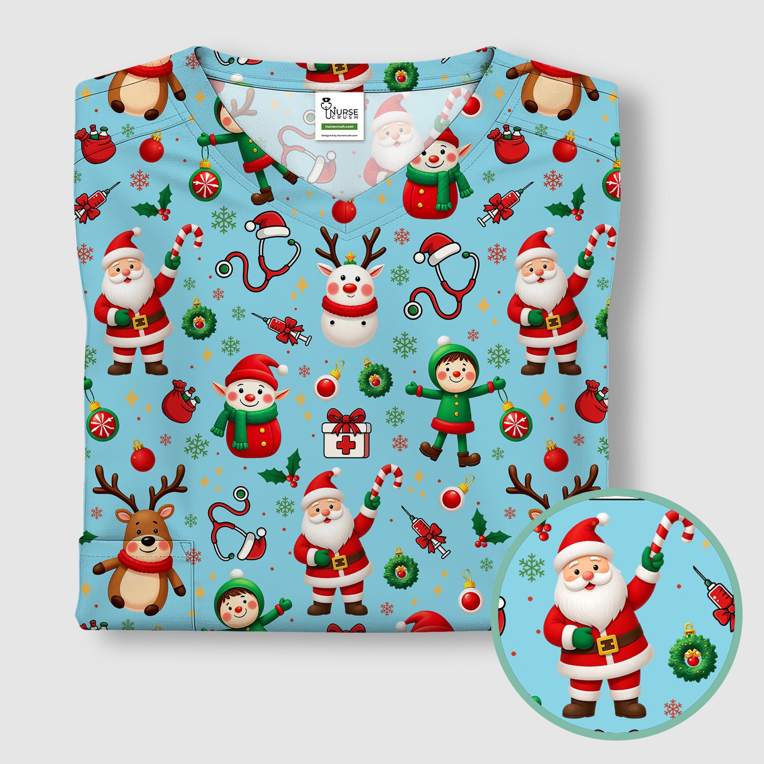 Christmas Scrub Top for Nurse - Cute Santa Elf Reindeer Medical Shirt - Festive Holiday Scrubs for Women RN CNA LPN Gift