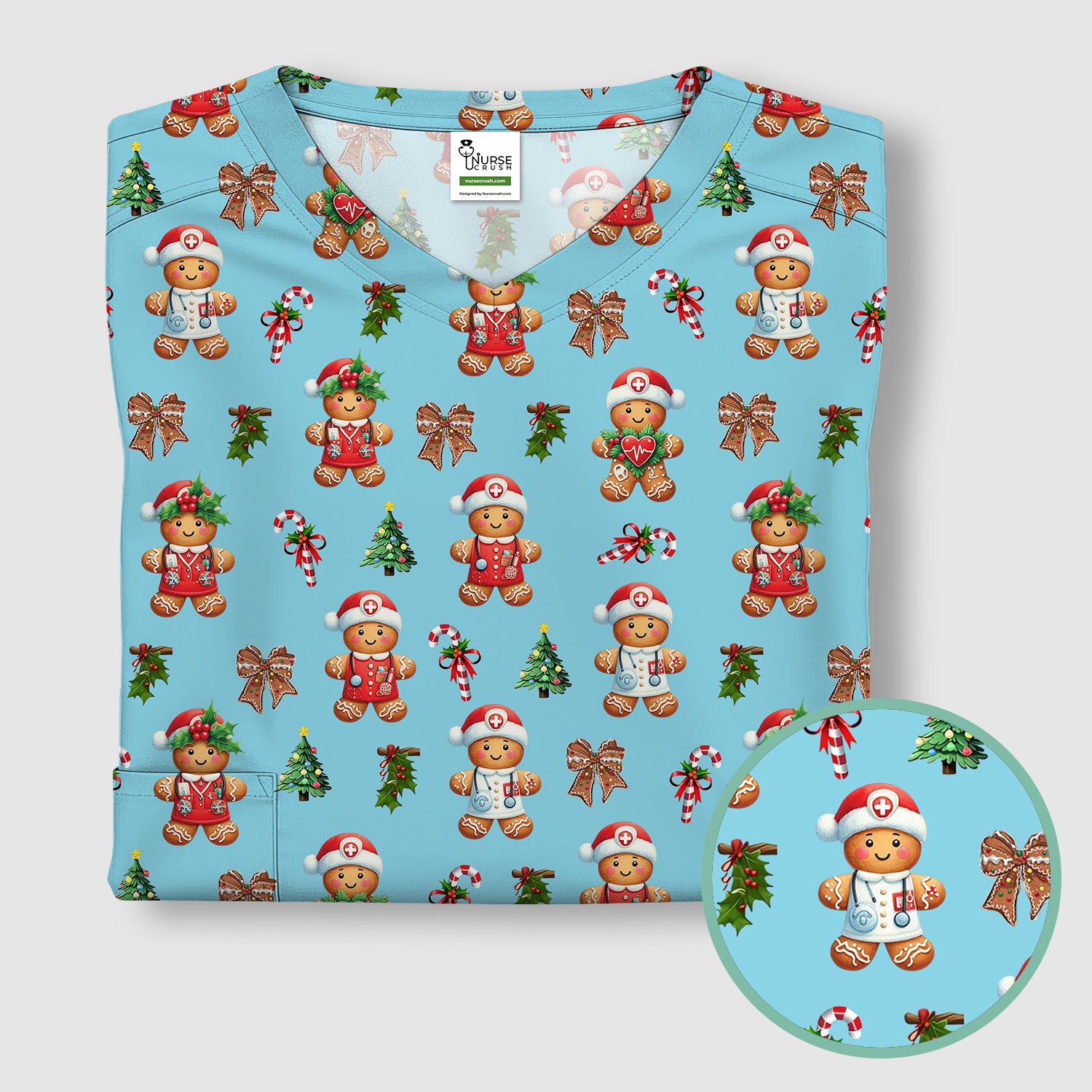 Funny Gingerbread Christmas Scrub Top - Cute Cookie with Bow Shirt - Festive Holiday Scrubs for Women