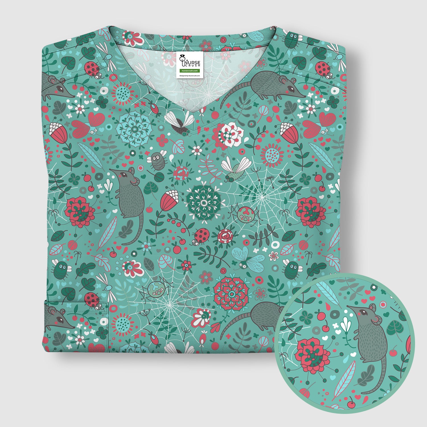 Woodland Mouse Floral Pattern Scrub Top, Comfortable Scrubs for Nurses