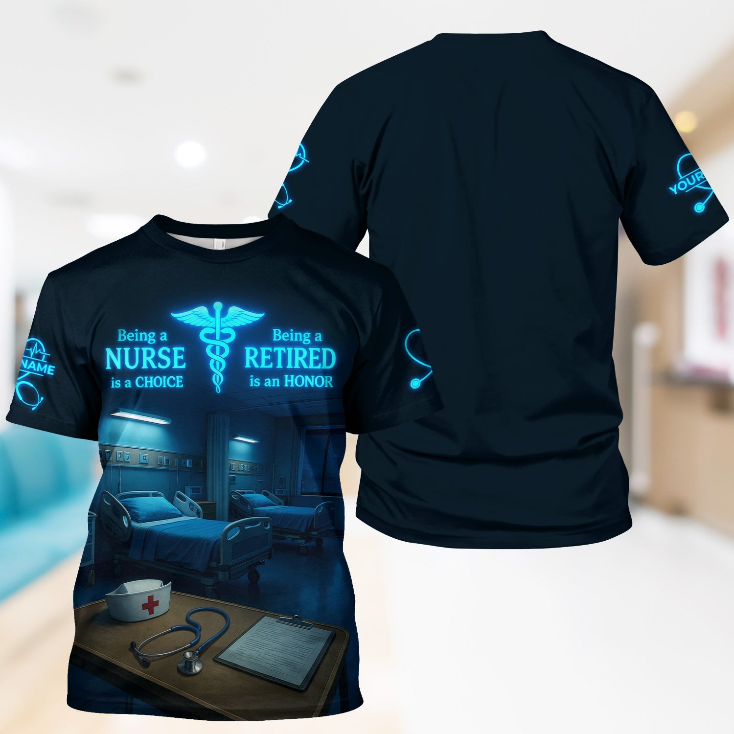 Personalized Nurse Scrub for Retired RN LPN CNA - Neon Glow Hospital Room Design - Thoughtful Retirement Gift for Medical Staff