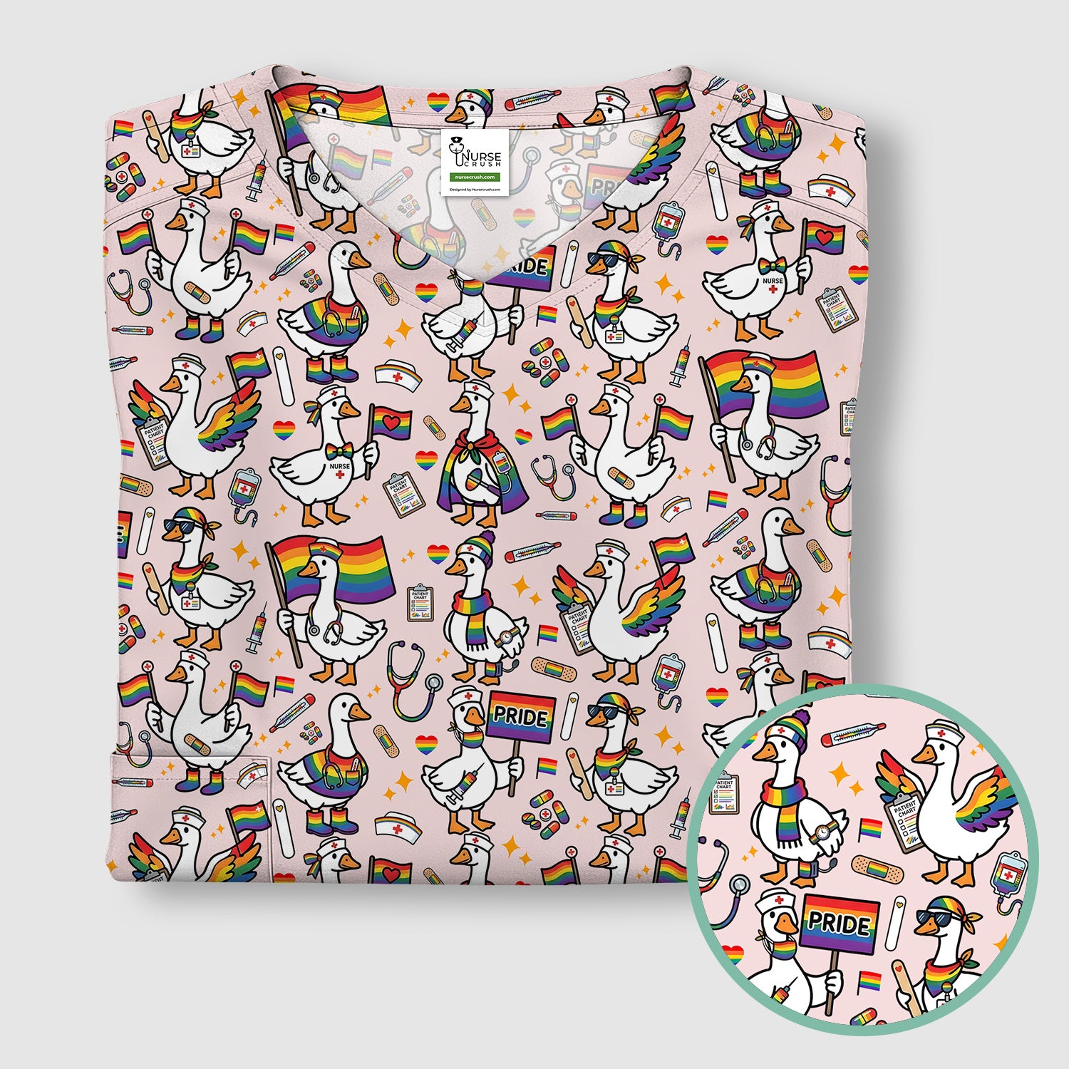 LGBT Pride Nurse Duck Pattern Scrub Top, Breathable Fabrics Nursing Uniform