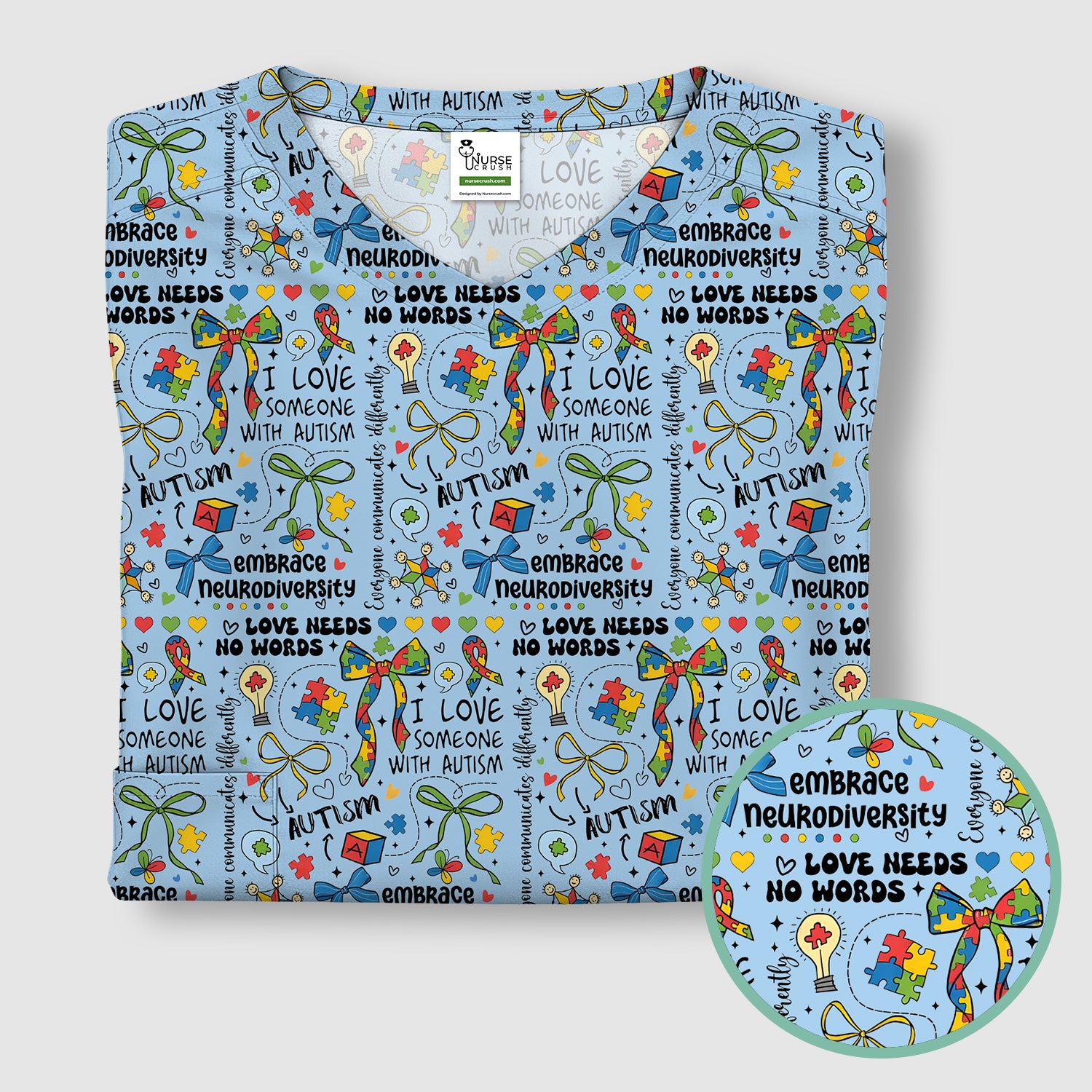 Autism Awareness Puzzle Ribbon Pattern Scrub Top, Breathable Fabrics Nursing Uniform