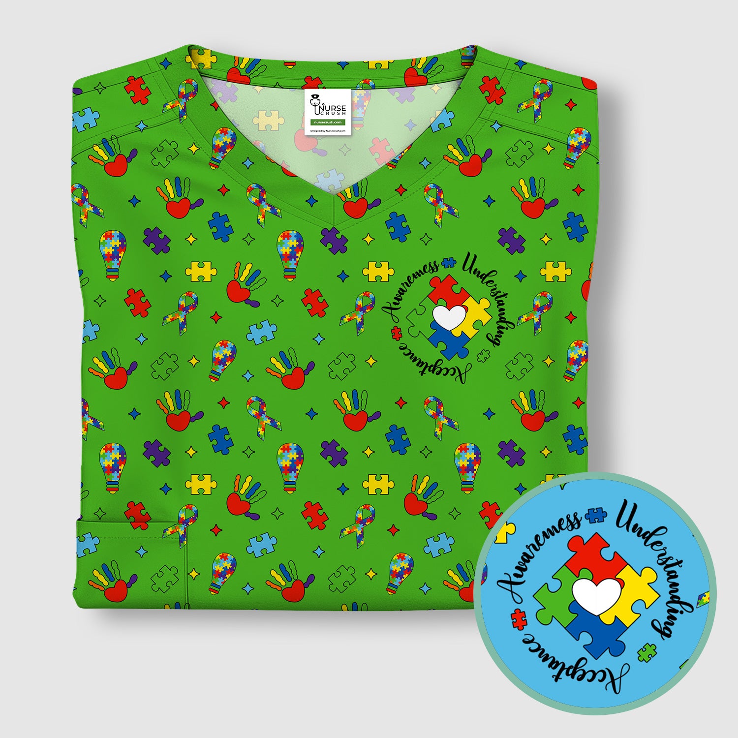 Autism Awareness Colorful Puzzle Pattern Scrub Top, Comfortable Scrubs for Nurses