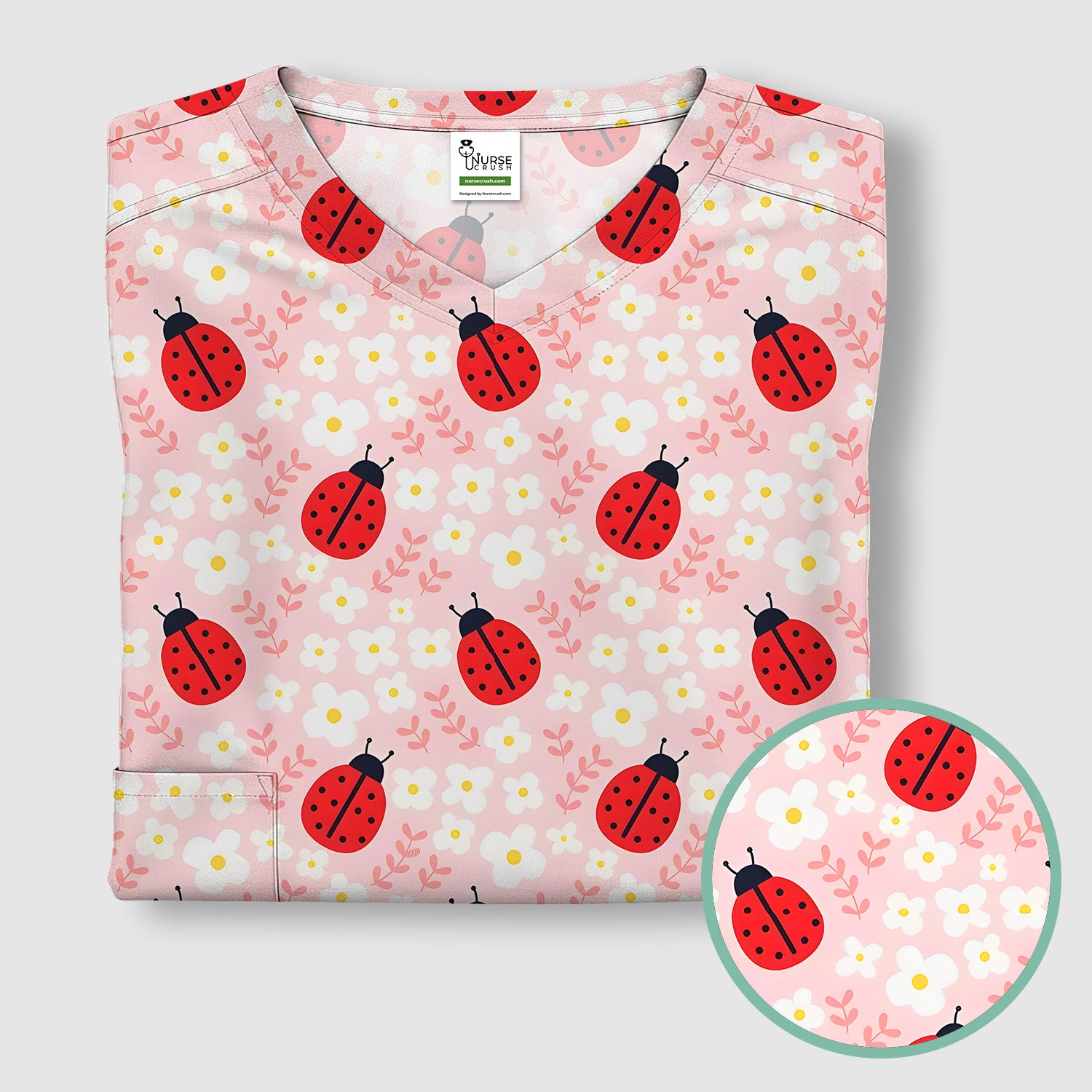 Cute Ladybug Blossom Print Scrub Top, Pastel Garden Medical Scrubs for Women