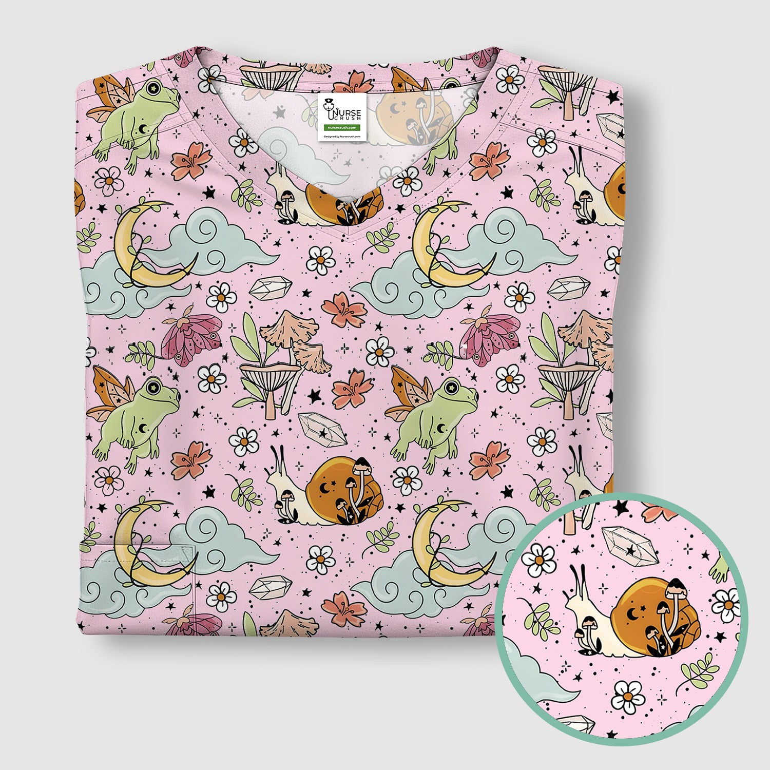 Whimsical Frog Moon Mushroom Pattern Scrub Top, Fantasy Nature Print, Breathable Fabrics Nursing Uniform
