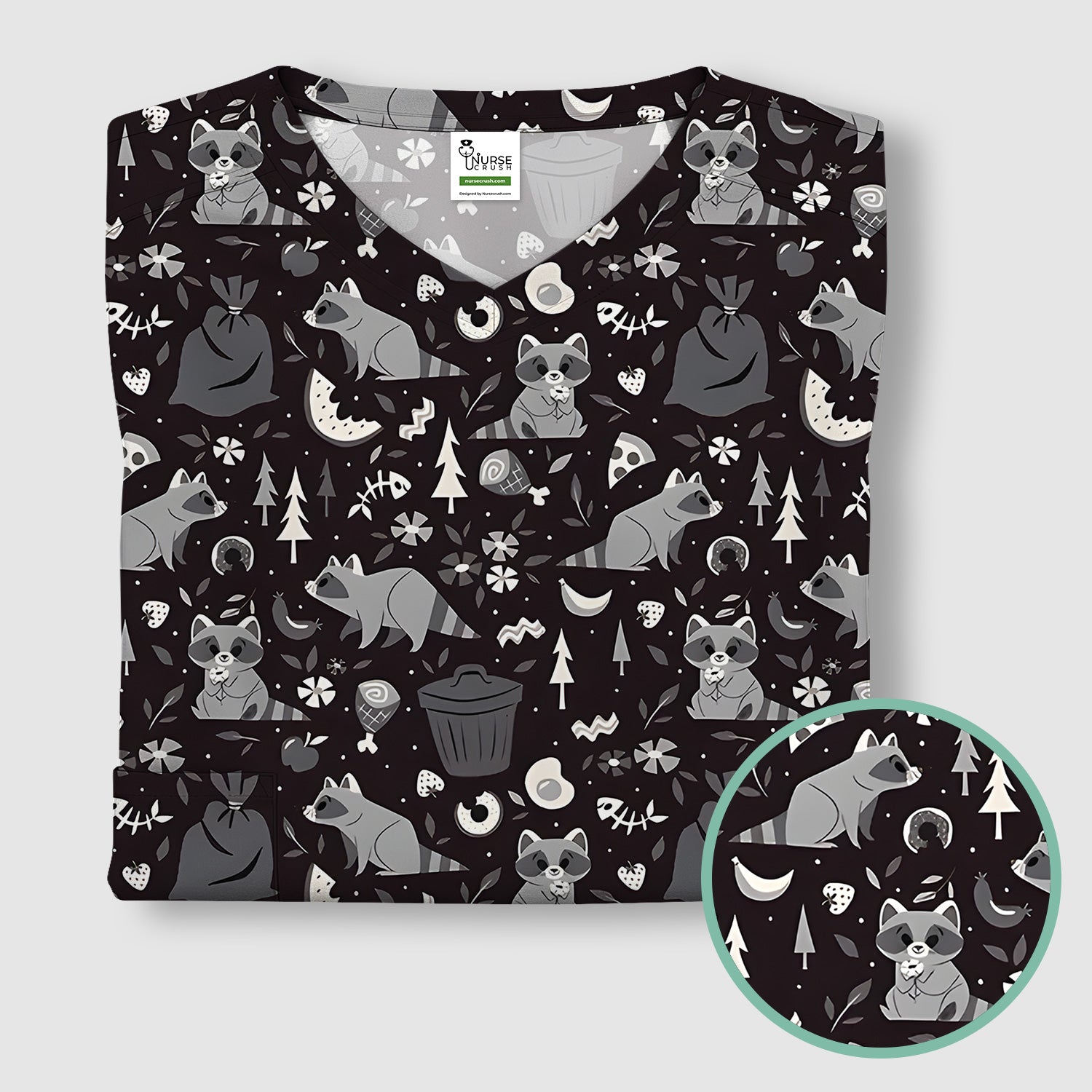 Cute Raccoon Forest Food Pattern Scrub Top, Breathable Fabrics Nursing Uniform