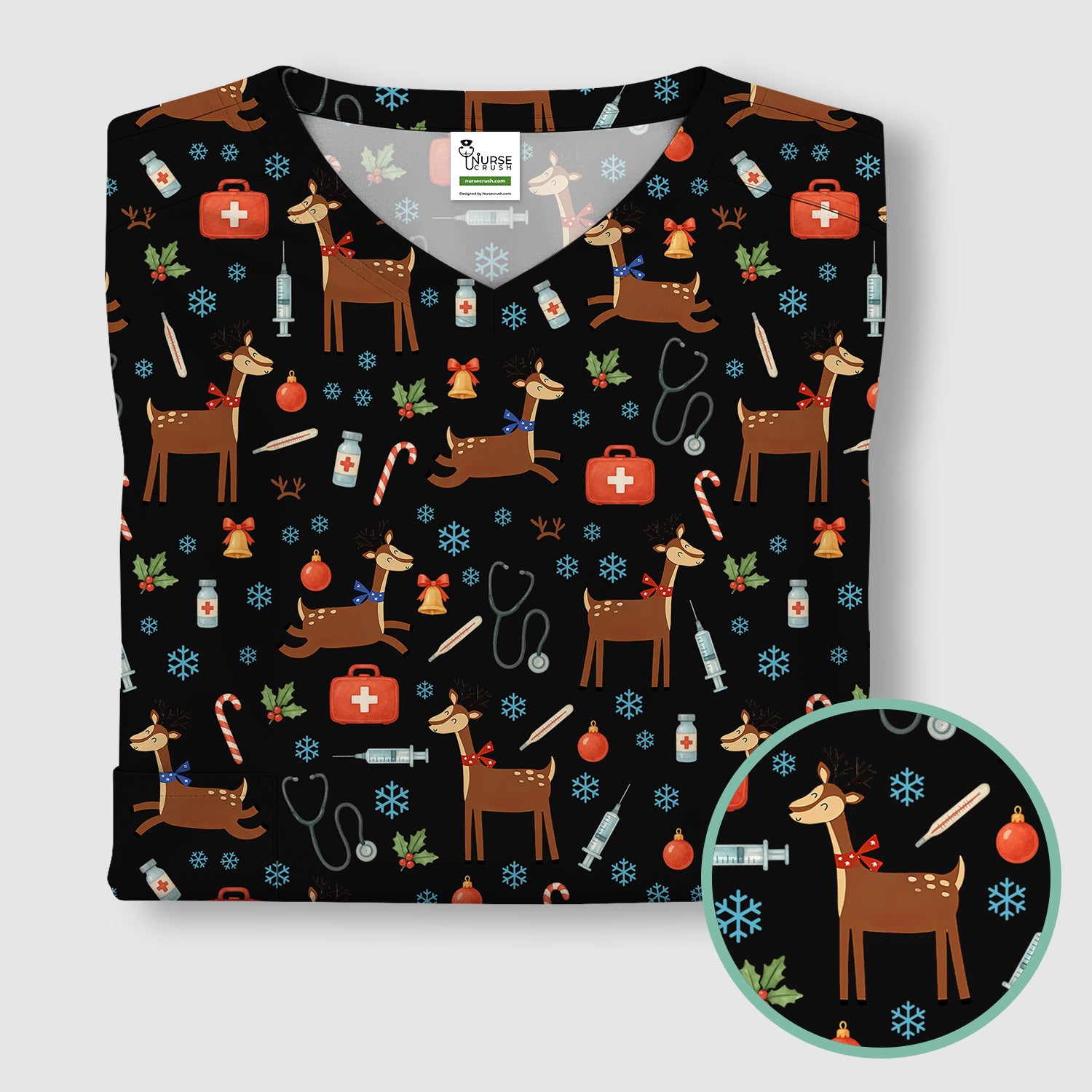 Christmas Reindeer Scrub Top for Nurses - Cute Reindeers Snowflakes Candy Canes Shirt - Comfortable Med Uniform