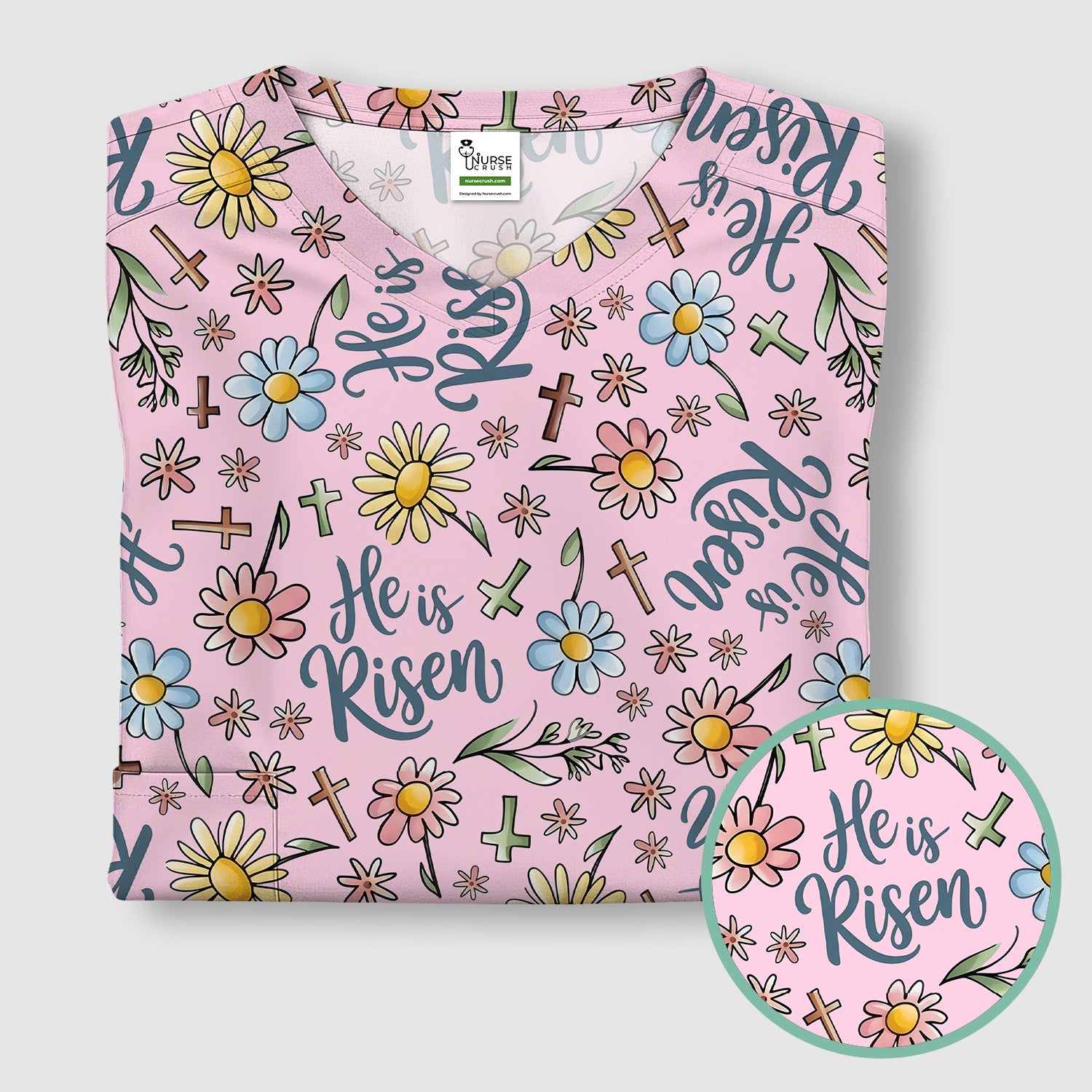 He Is Risen Cross Flower Pattern Scrub Top, Comfortable Scrubs For Nurses