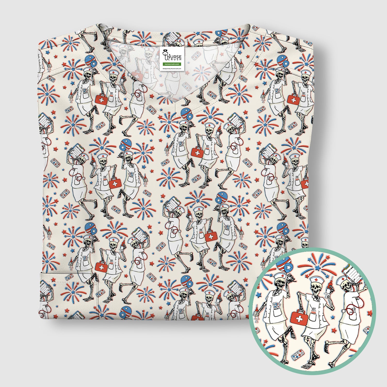 Funny Skeleton Nurse Patriotic Print Scrub Top, Halloween USA Fireworks Nursing Uniform for Women