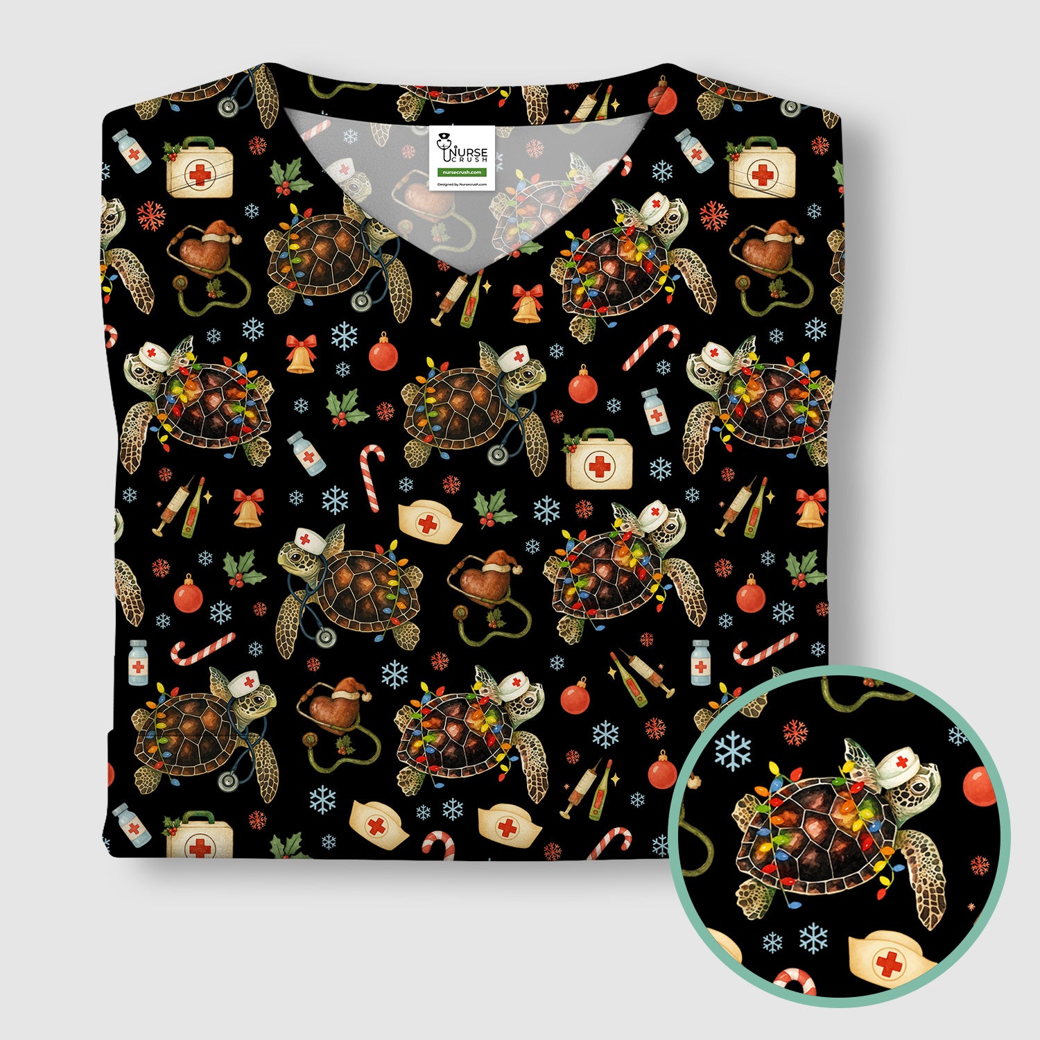Funny Christmas Scrub Top - Sea Turtle with Xmas Lights Shirt - Holiday Nurse Scrubs for Women