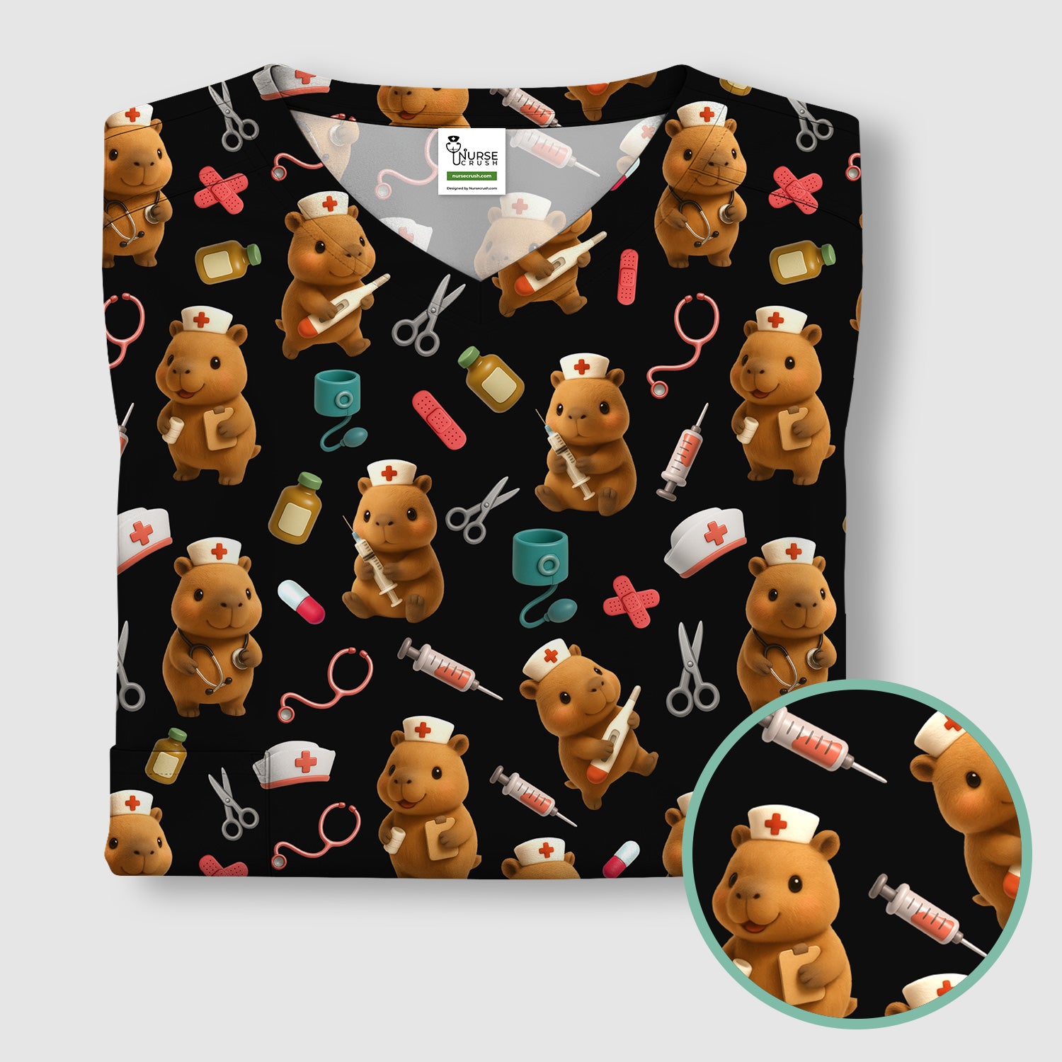 Funny Bear Scrub Top for Women - Nurse Hat and Syringe Pattern Medical Scrubs - Cute Teddy Nurse Shirt Gift for RN CNA LPN