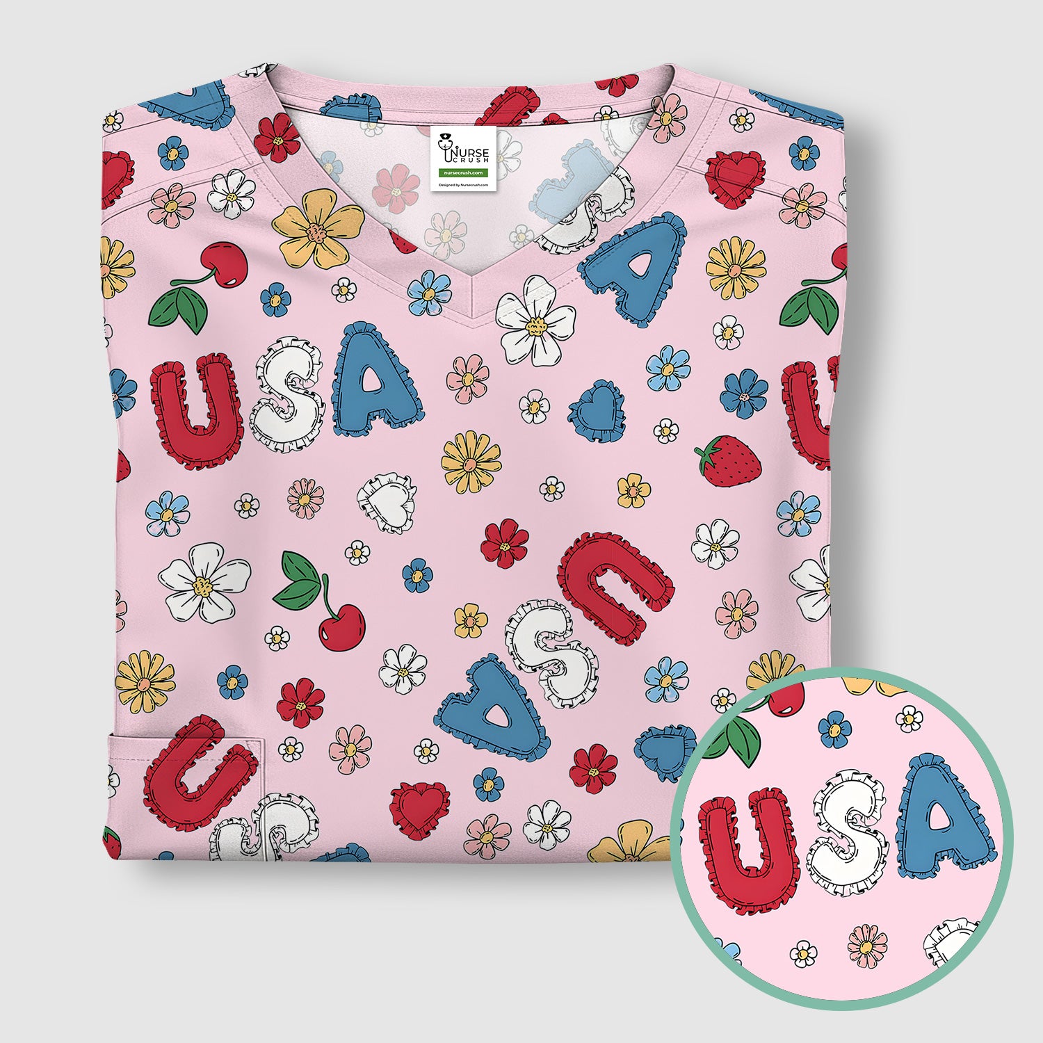 USA Cherry Strawberry Floral Patch Pattern Scrub Top, Comfortable Scrubs for Nurses