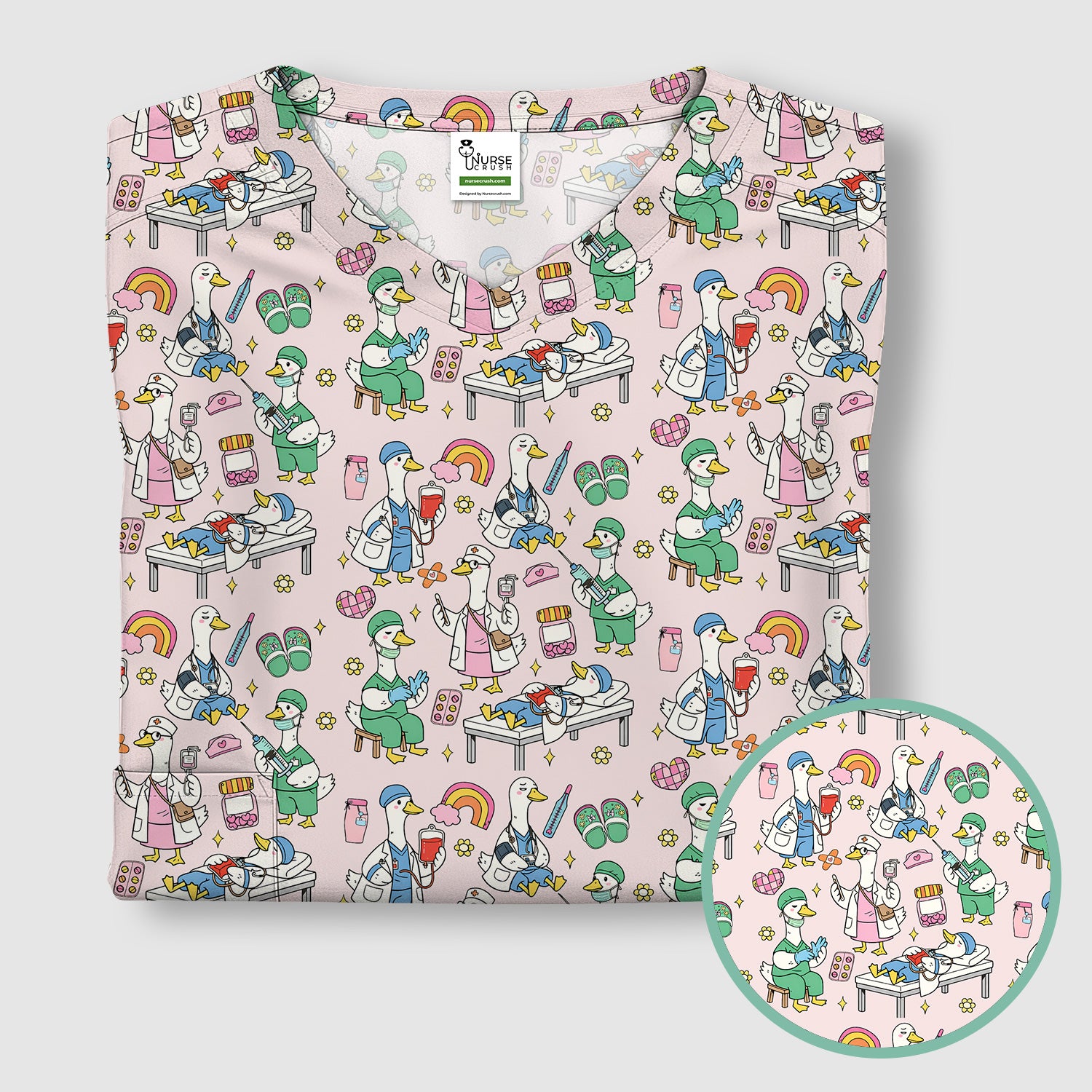 Funny Nurse Duck Medical Doodle Pattern Scrub Top, Comfortable Nurse Workwear Top