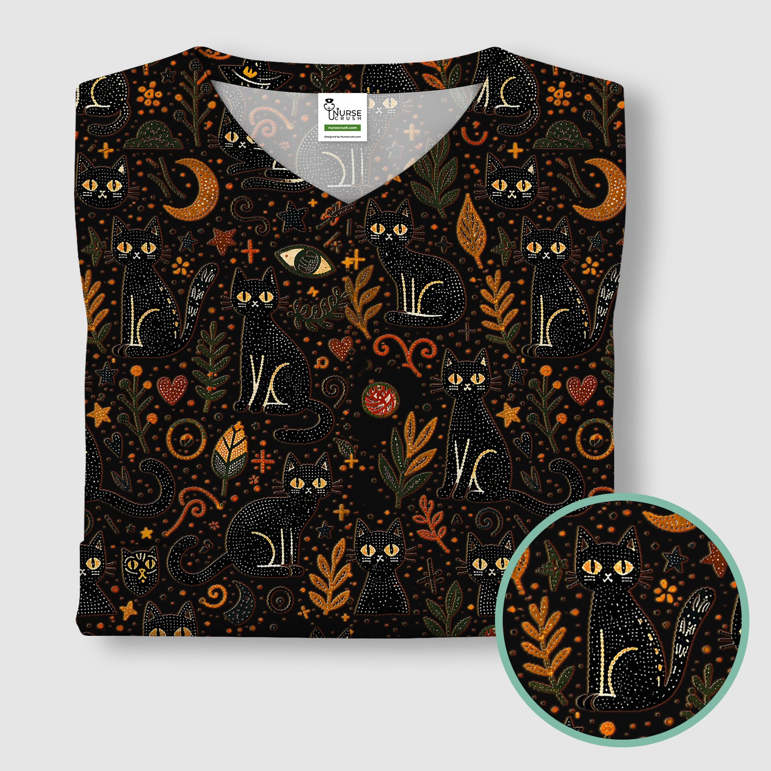 Mystic Black Cat Celestial Doodle Pattern Scrub Top, Comfortable Scrubs for Nurses