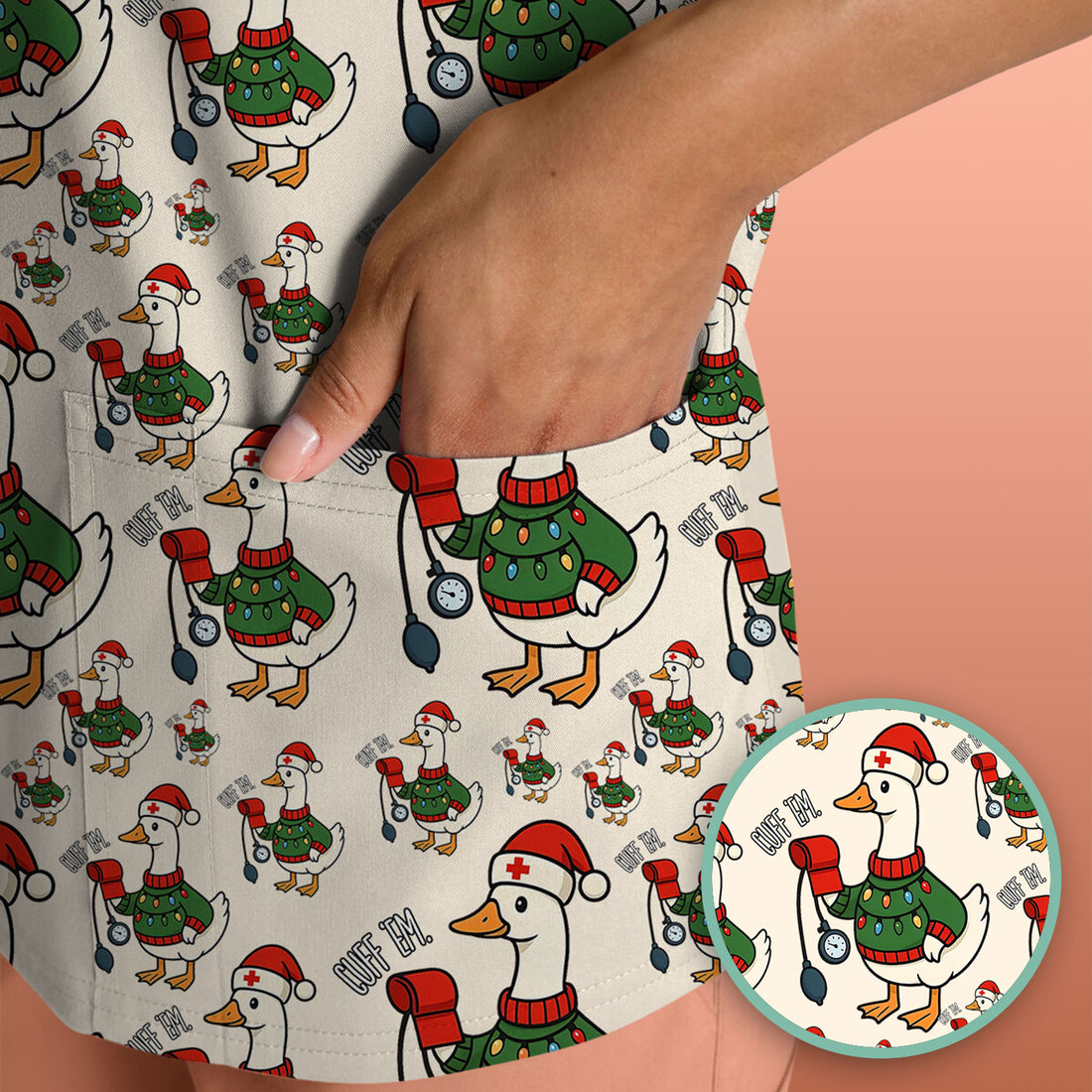 Nurse Christmas Duck Scrub Top, Cute Goose Pattern Scrub Shirt, RN LPN CNA Nursing Uniform