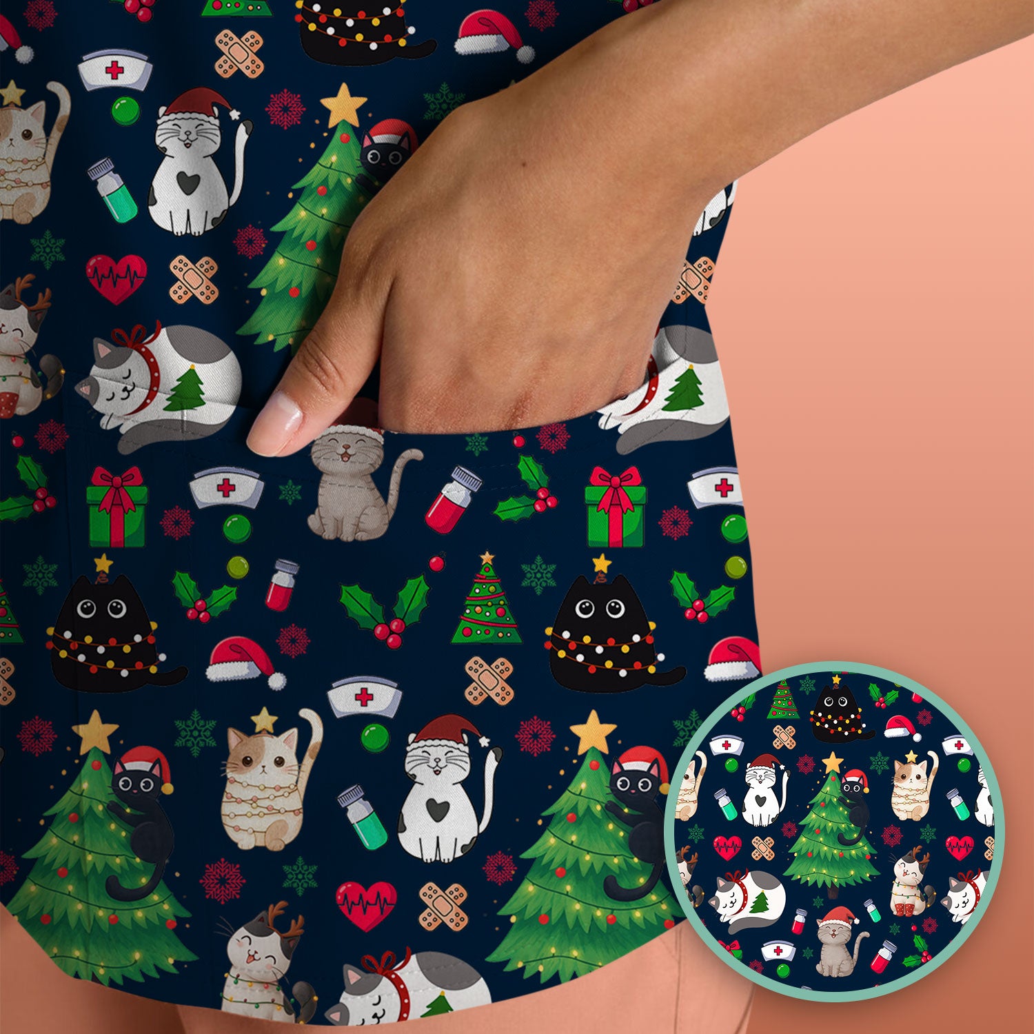 Christmas Cat Scrub Top, Xmas Pet Pattern Scrub Shirt, Breathable Fabrics Nursing Uniform