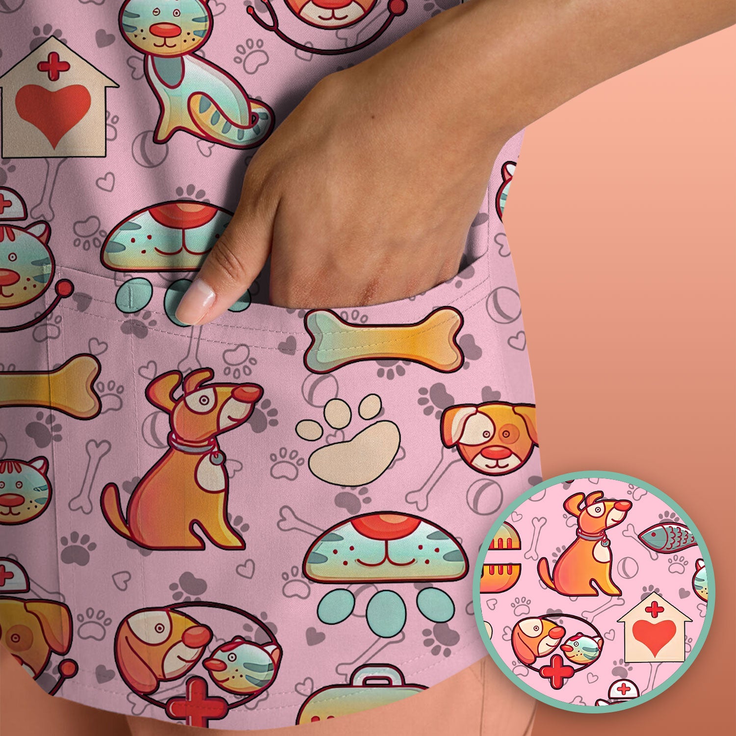 Veterinary Nurse Scrub Top - Cute Cat Dog Paw Print Medical Shirt - Fun Animal Pattern Vet Tech Scrubs for Women RN CNA