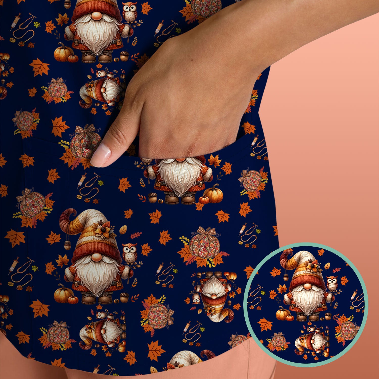 Fall Gnome Nurse Scrub Top for Women - Autumn Leaves Pumpkin Shirts - Thanksgiving Nursing Uniform Gift for RN LPN CNA