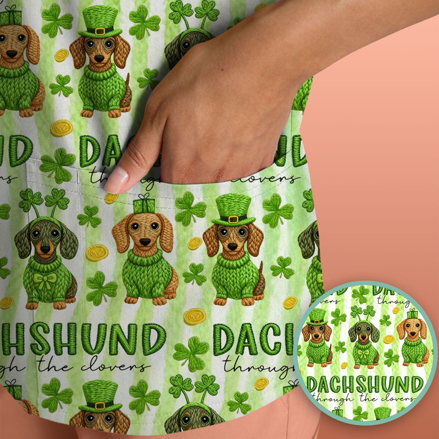 Wiener Dog St. Patrick’s Day Scrub Top, Shamrock Dachshund Pattern Nurse Shirt, Breathable Fabrics Nursing Uniform
