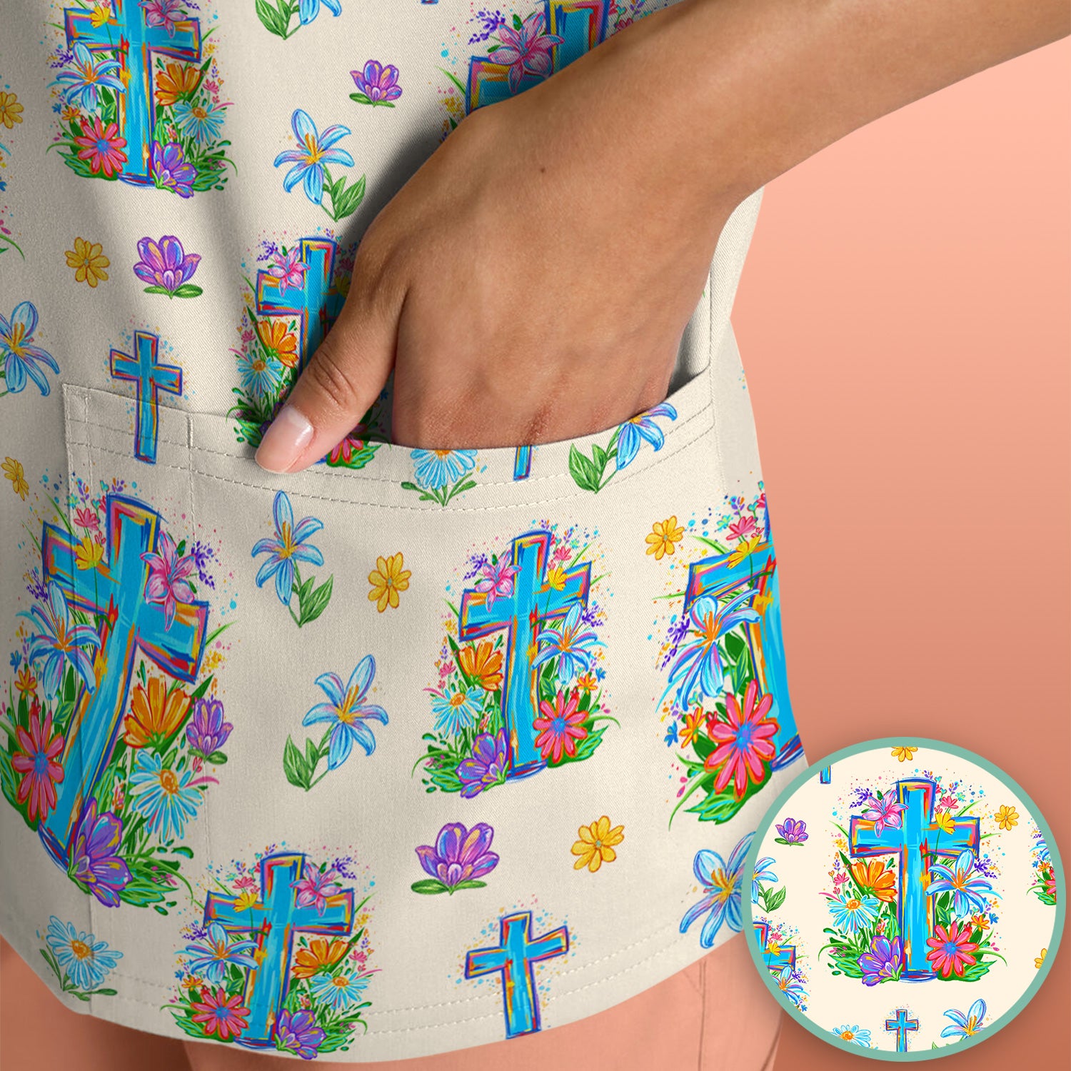 Christian Floral Cross Spring Pattern Scrub Top, Comfortable Scrubs for Nurses
