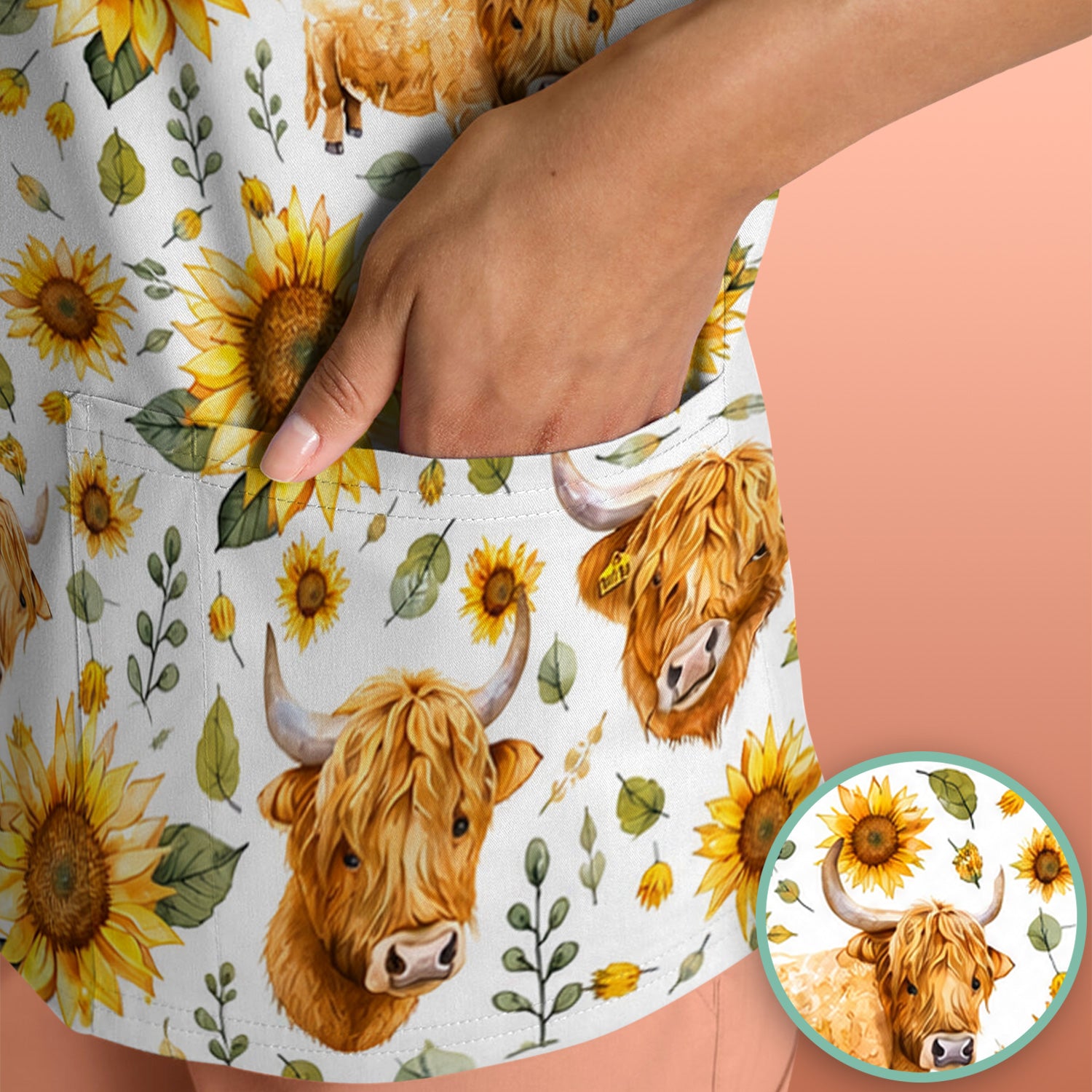Highland Cow Sunflower Pattern Scrub Top, Comfortable Scrubs for Nurses