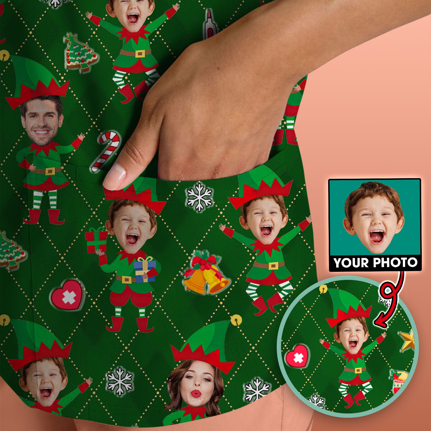 Personalized Face Nurse Shirt, Custom Photo Christmas Scrub Top, Funny Holiday Medical Uniform For Nursing