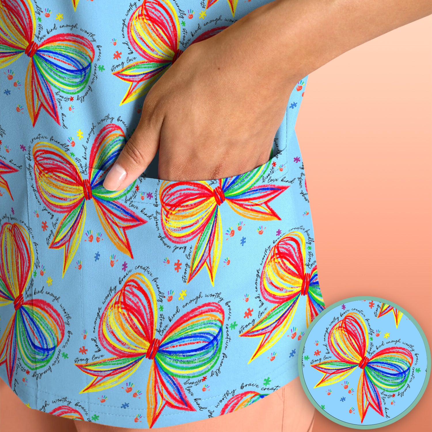 Colorful Rainbow Bow Pattern Scrub Top, Comfortable Scrubs for Nurses