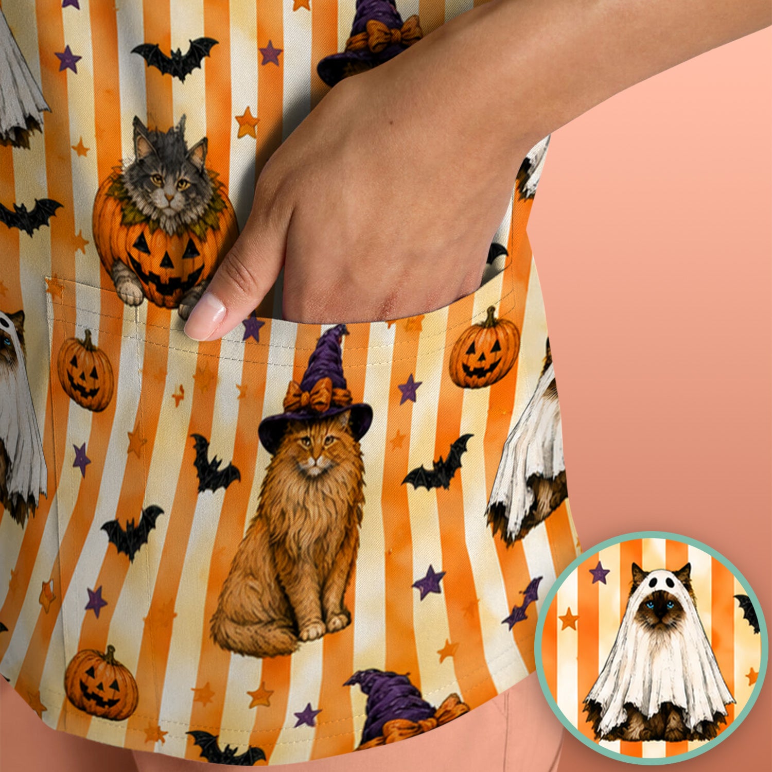Halloween Cat Print Scrub Top, Comfortable Scrubs for Nurses