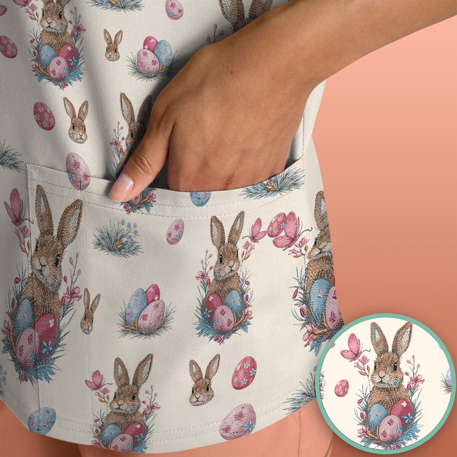 Pastel Easter Bunny Nest Pattern Scrub Top, Comfortable Scrubs for Nurses