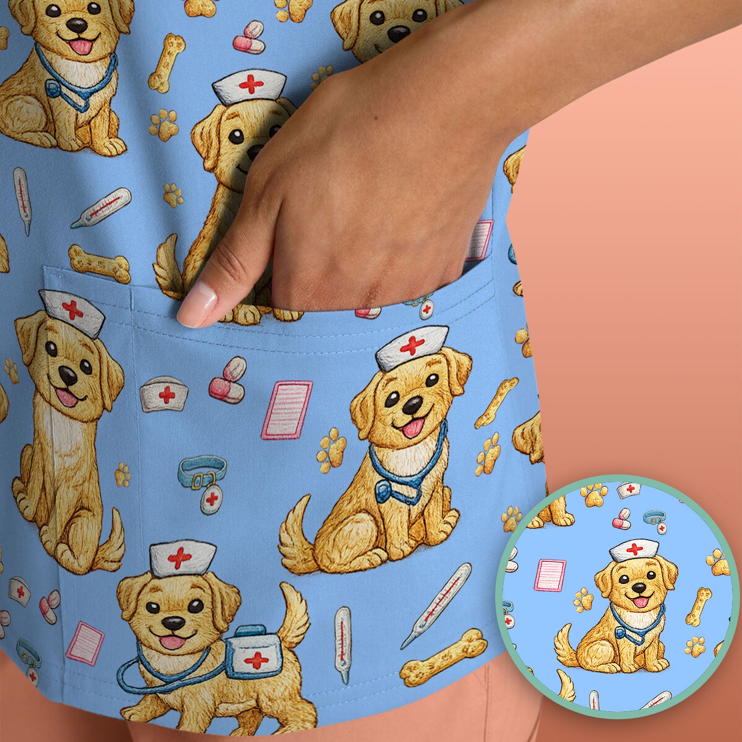 Cute Puppy Nurse Medical Print Scrub Top, Comfortable Scrubs for Nurses