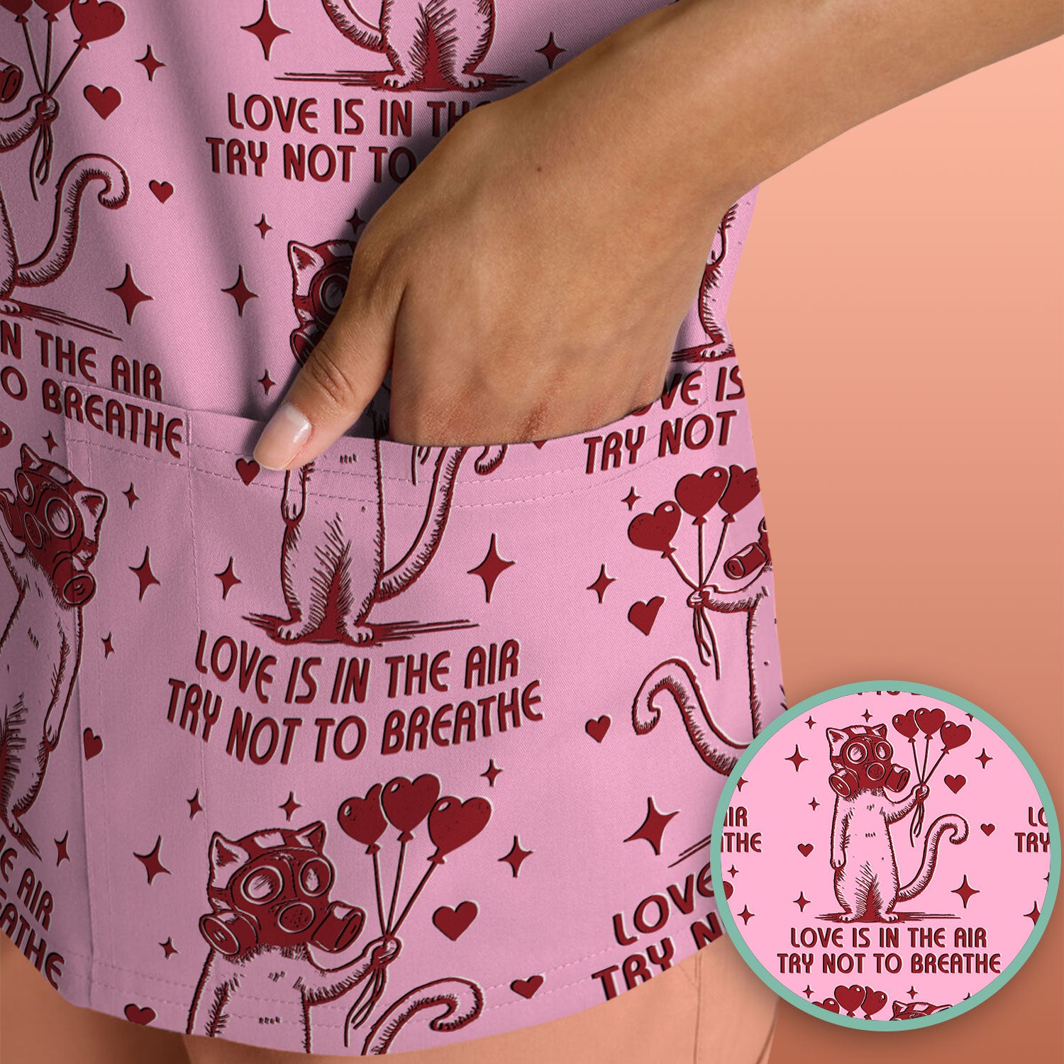 Gas Mask Cat Heart Balloon Valentine Print Scrub Top, Comfortable Scrubs for Nurses