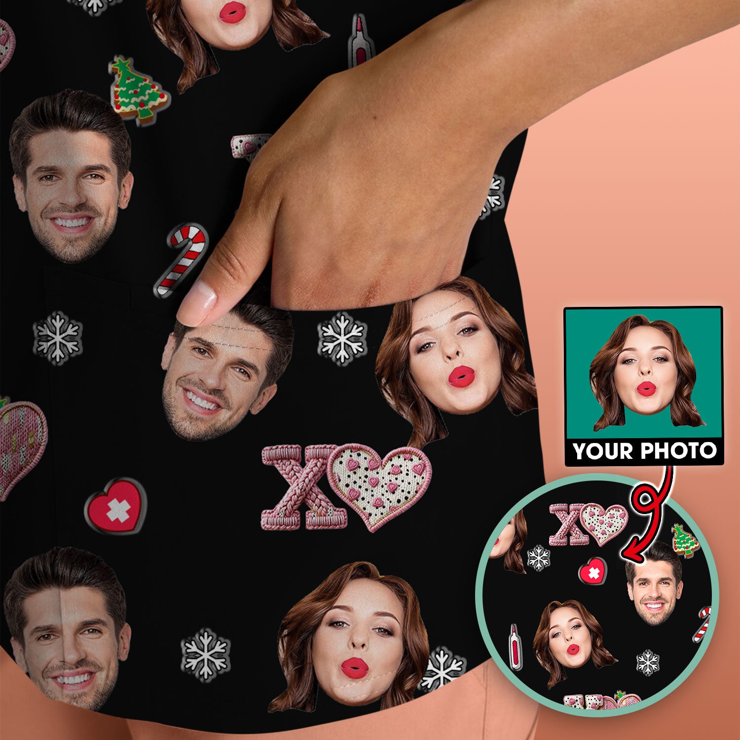 Custom Face Pattern XOXO Scrub Shirt, Personalized Photo Scrub Top, Breathable Fabrics Nursing Uniform