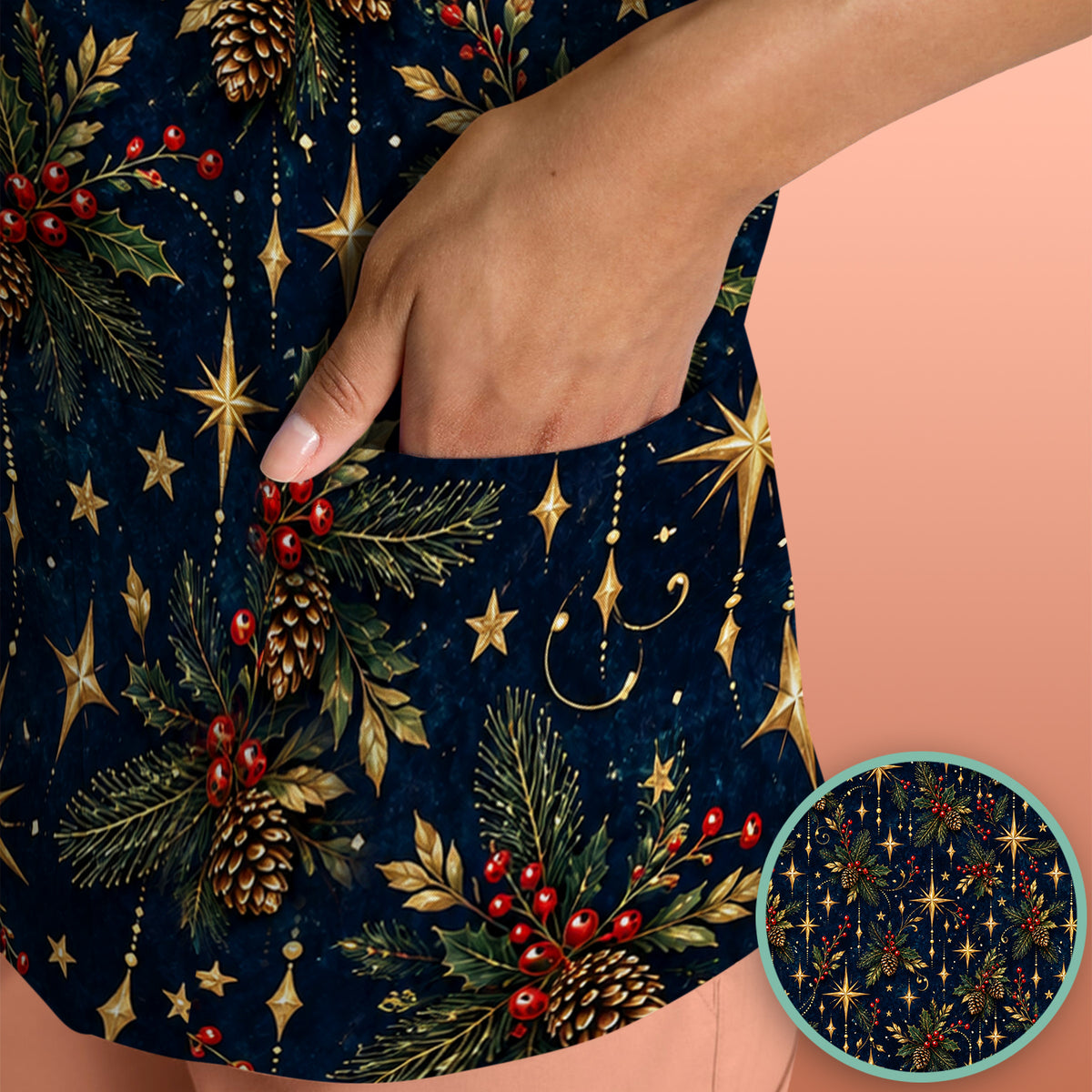 Elegant Christmas Gold Stars and Pinecones Pattern Scrub Top, Comfortable Scrubs for Nurses