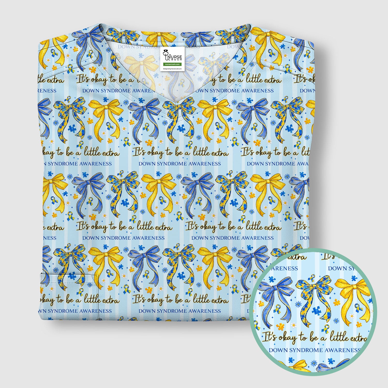 Down Syndrome Awareness Ribbon Pattern Scrub Top Comfortable Nurse Workwear Top